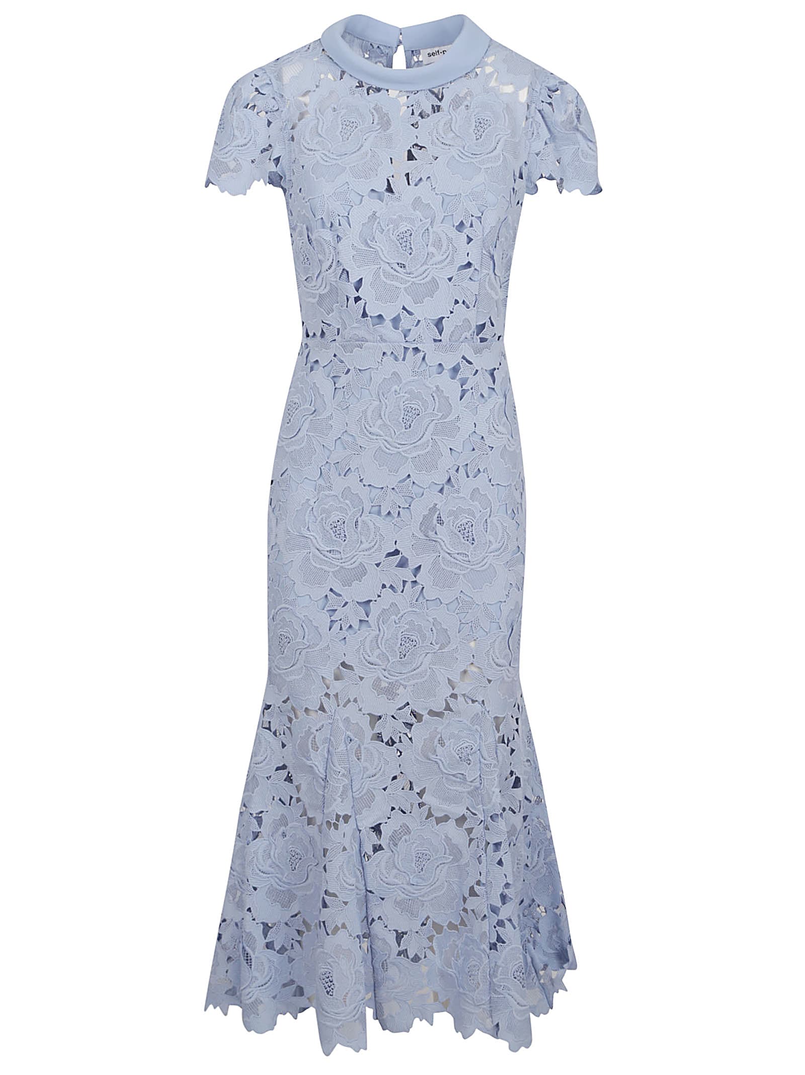 Blue Flower Lace Contrast Collar Midi Dress