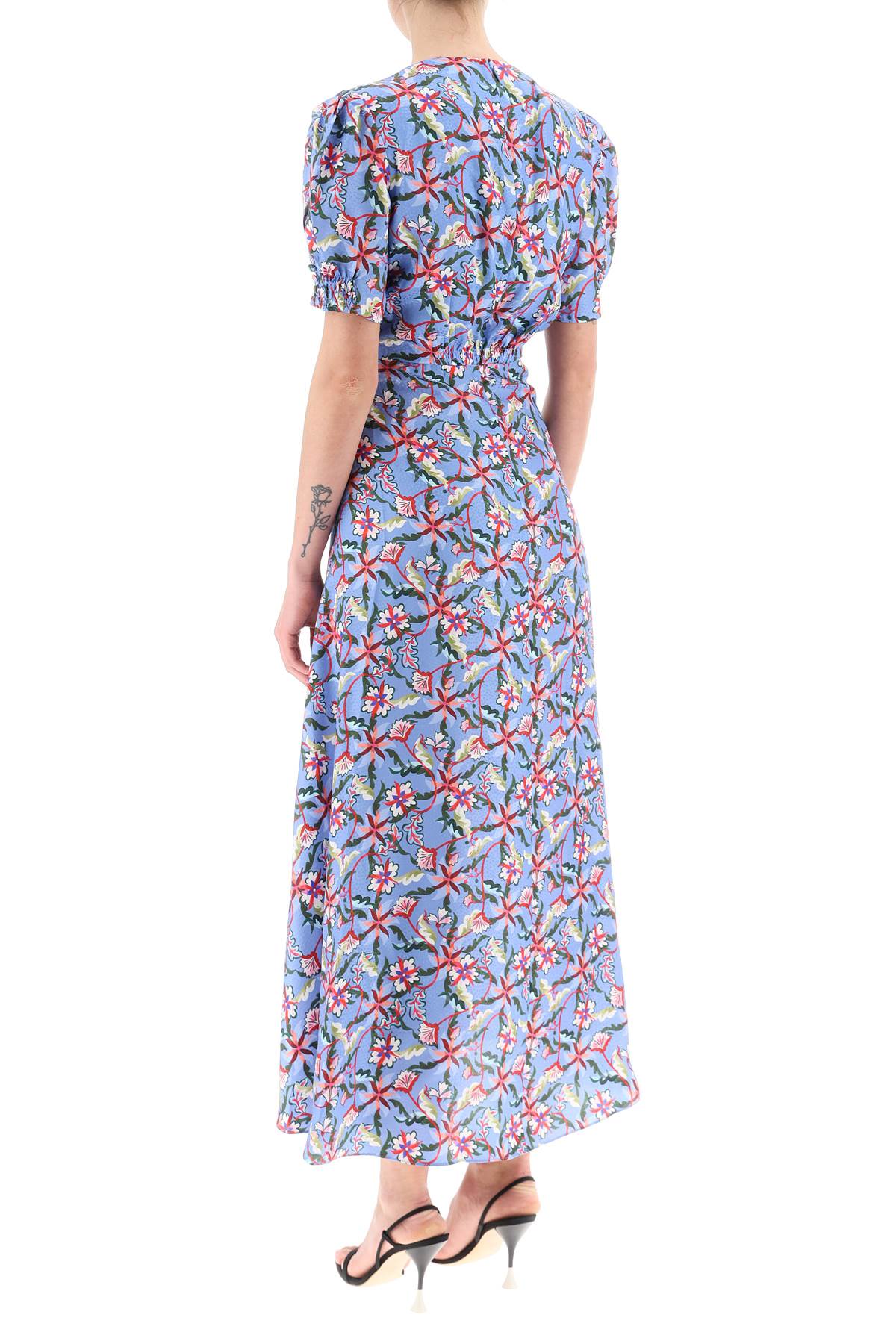 Shop Saloni Lea Long Dress In Printed Silk In Freesia Sky (light Blue)