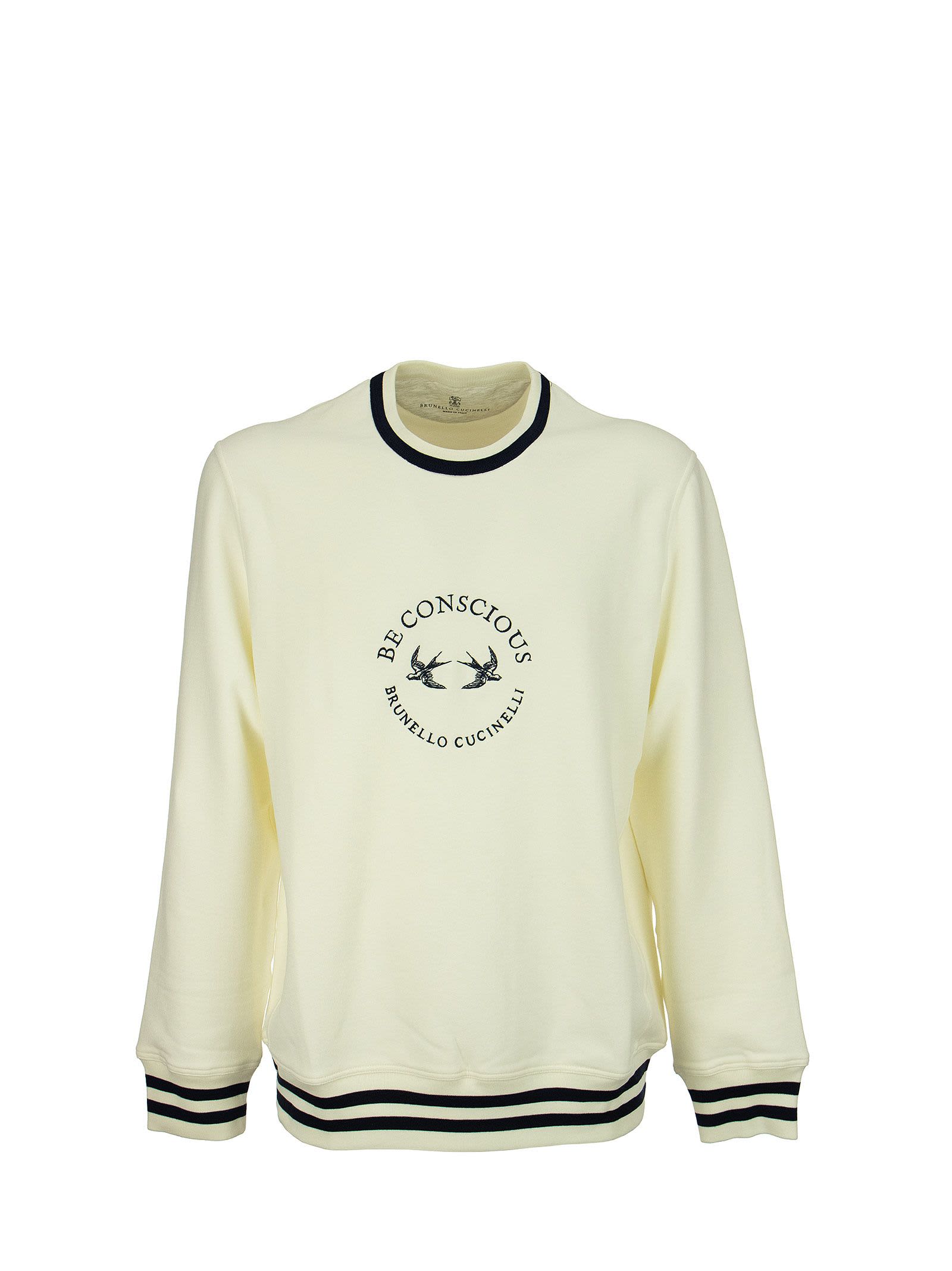 Brunello Cucinelli Comfort Cotton French Terry Sweatshirt With Striped Details And Embroidery