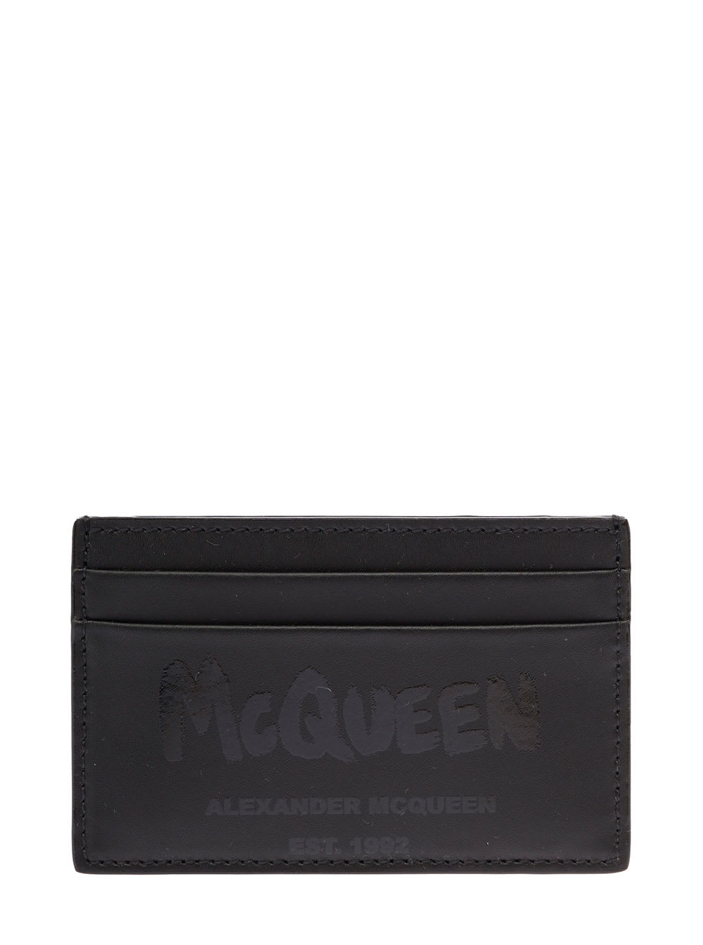 Alexander Mcqueen Man s Black Leather Card Holder With Logo Print