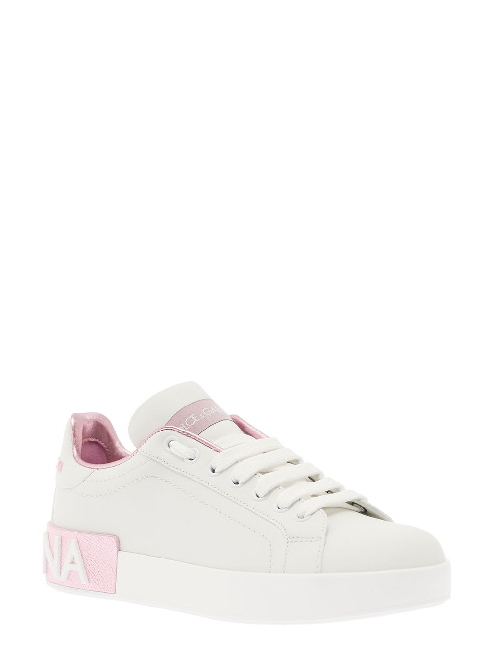 Shop Dolce & Gabbana Portofino White And Pink Low Top Sneakers With Logo In Leather Woman