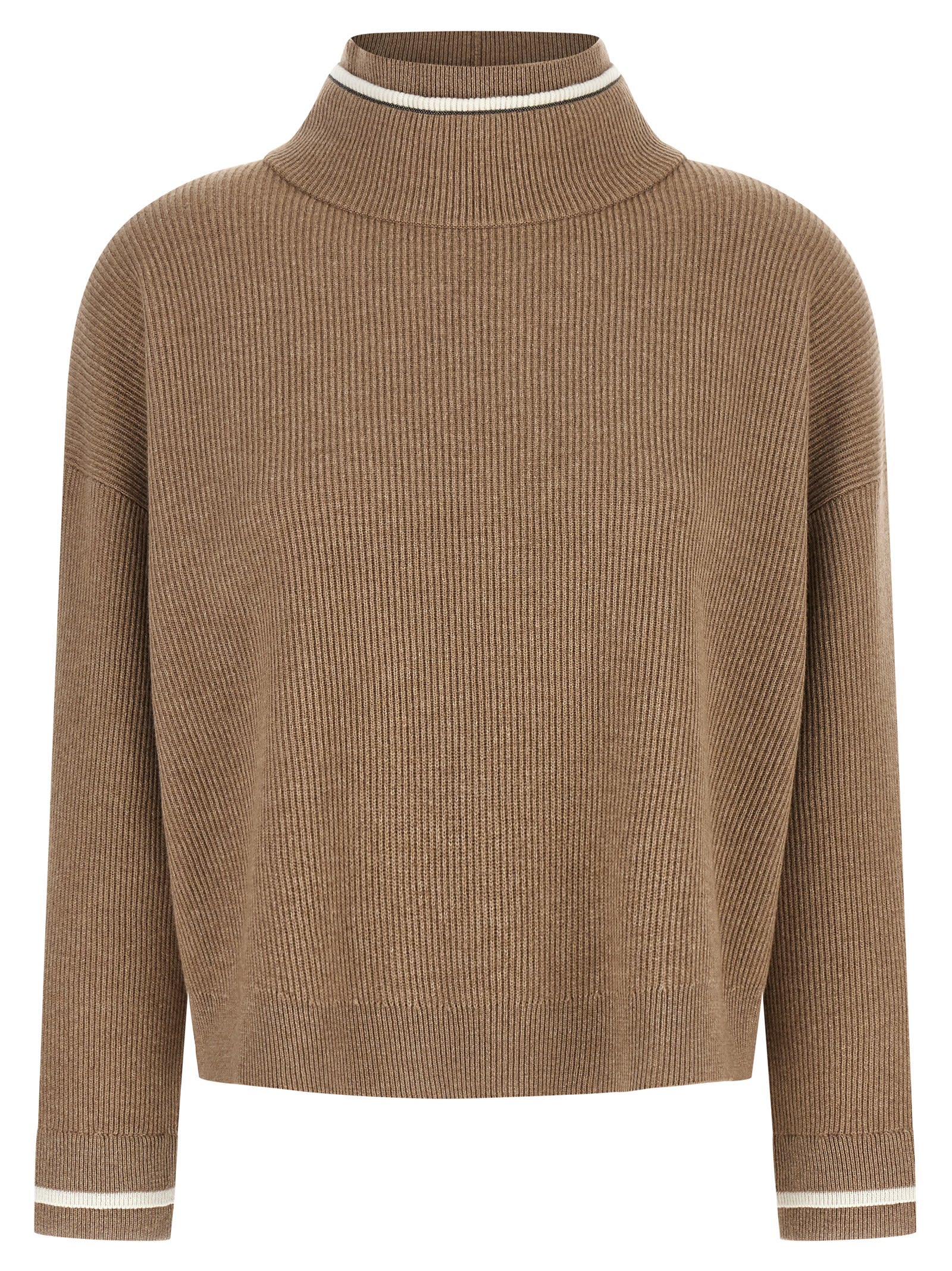 Brunello Cucinelli Ribbed Mock Neck Sweater With Contrast Trim In Brown