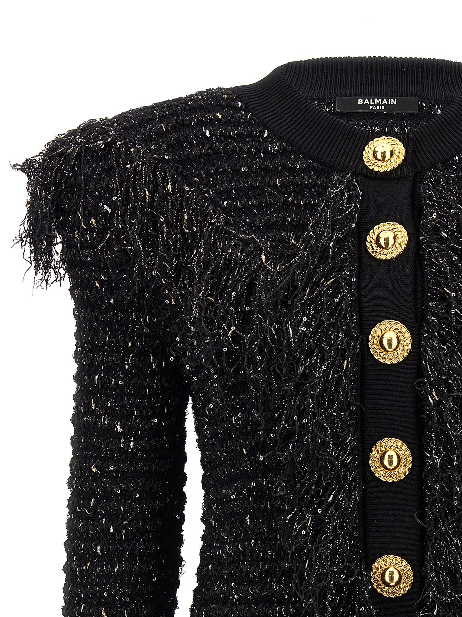 Shop Balmain Glittered Fringed Short Jacket In Black