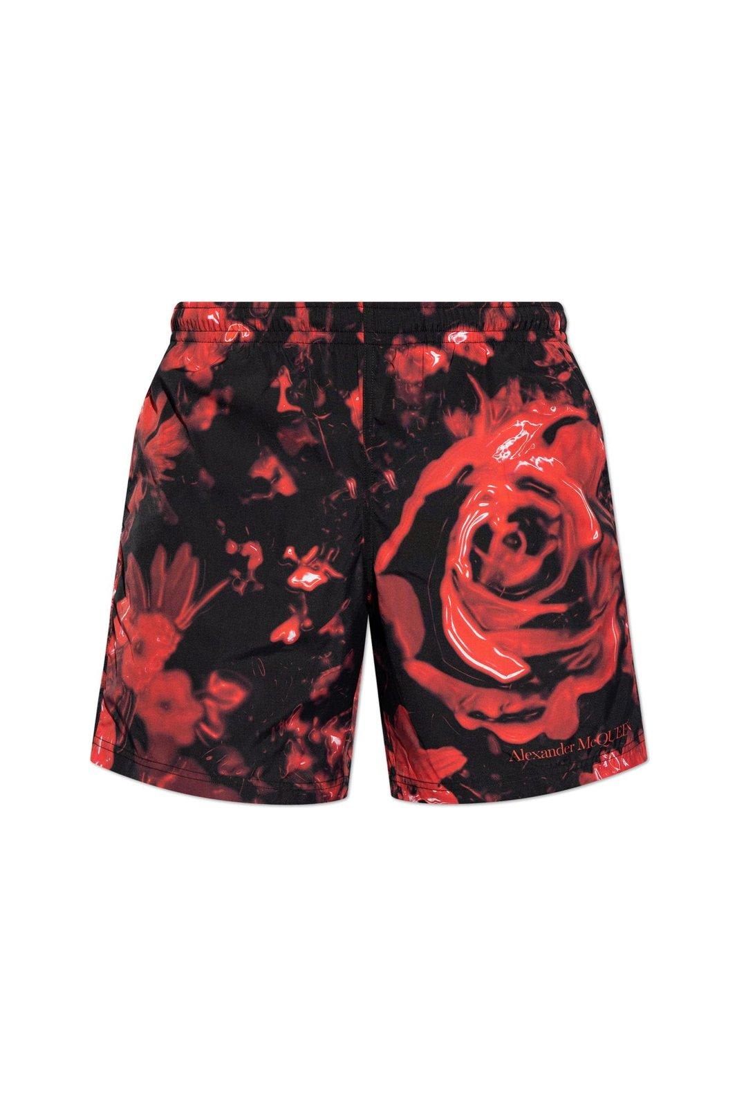 Shop Alexander Mcqueen All-over Printed Swim Shorts In Black/red