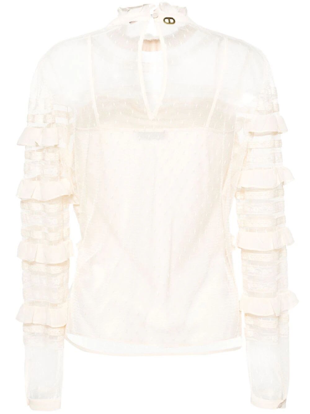 Shop Twinset Long Sleeves Laced Shirt In Ivory