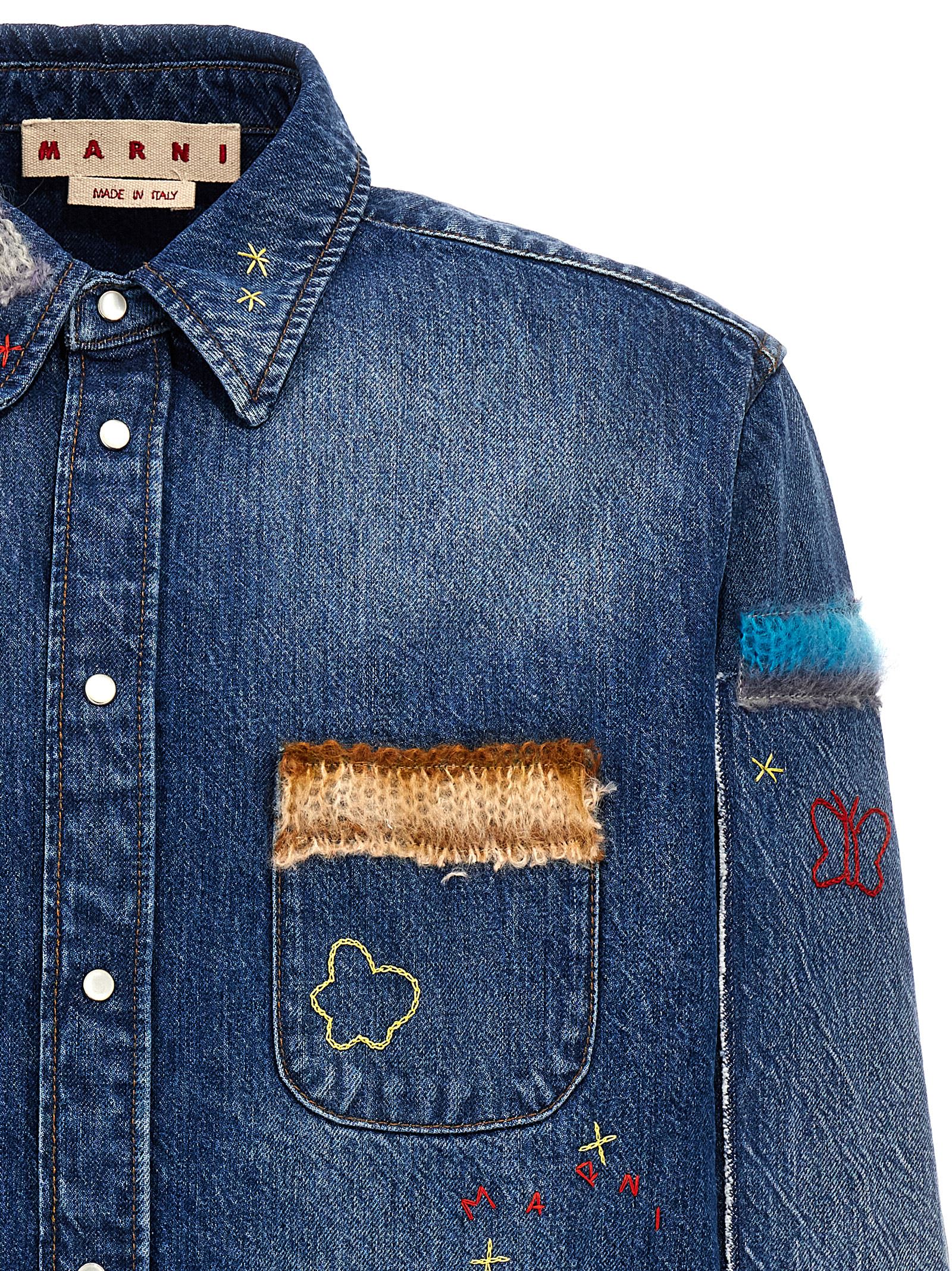 Shop Marni Denim Shirt, Embroidery And Patches In Blue/multicolour
