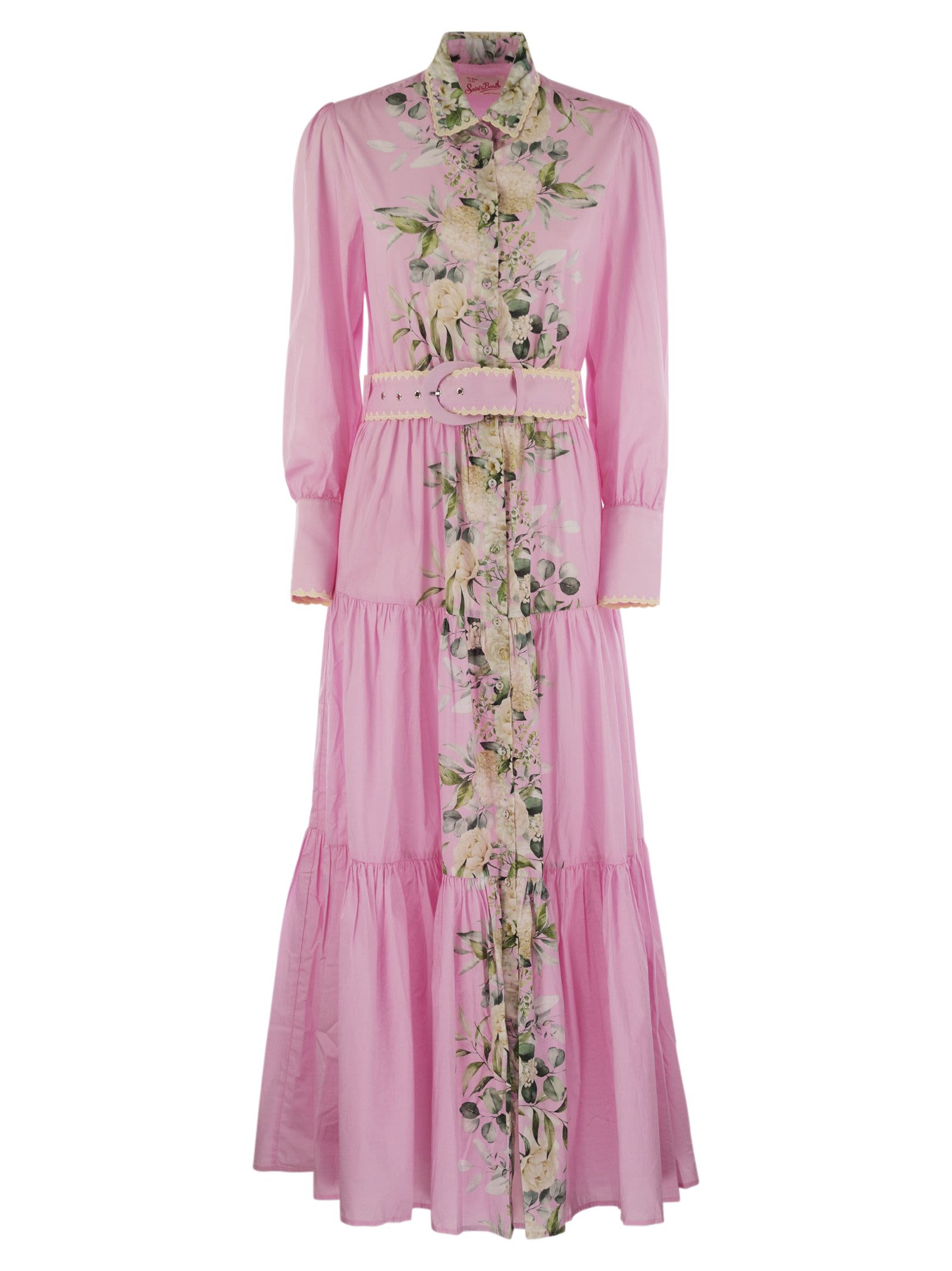 Shop Mc2 Saint Barth Long Cotton Dress With Floral Pattern In Pink
