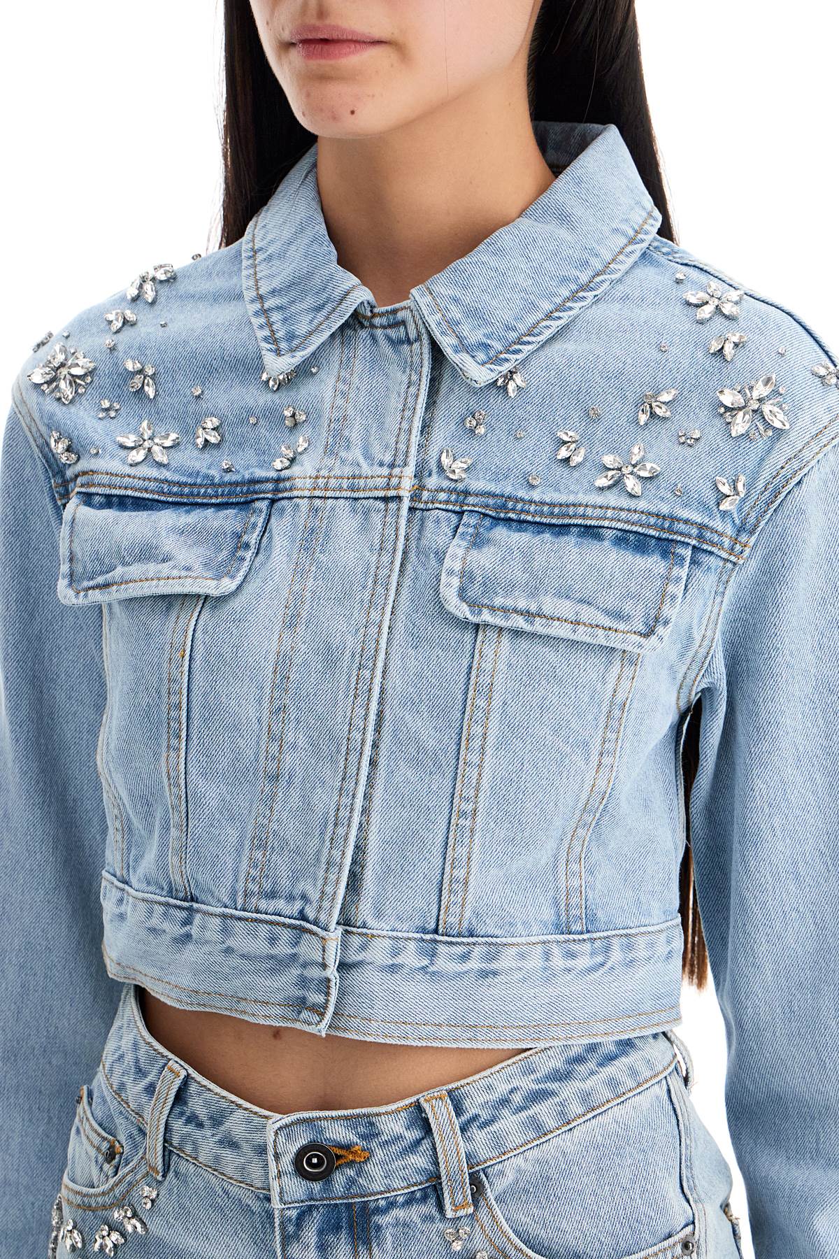 Shop Self-portrait Cropped Denim Jacket For Women In Blue