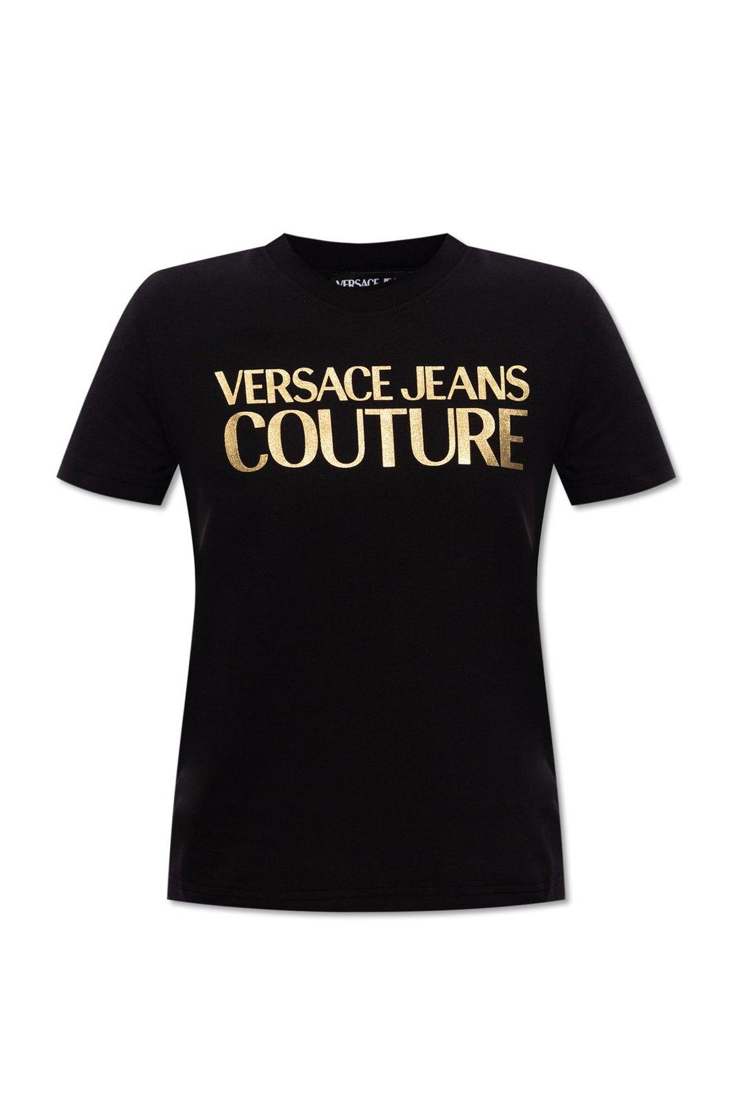 Shop Versace Jeans Couture Logo Printed Crewneck T-shirt In Black/gold