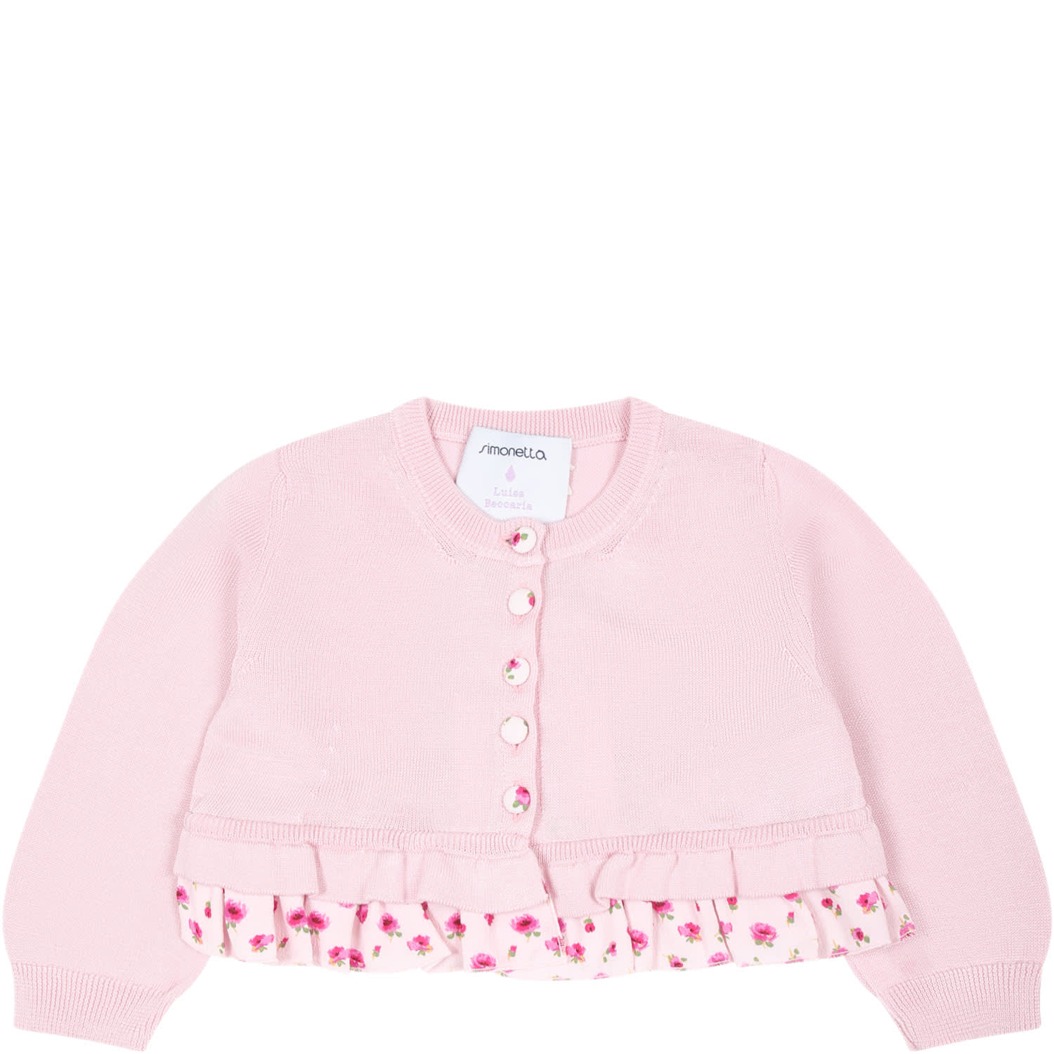 Simonetta Pink Cardigan For Baby Girl With Flowers Print