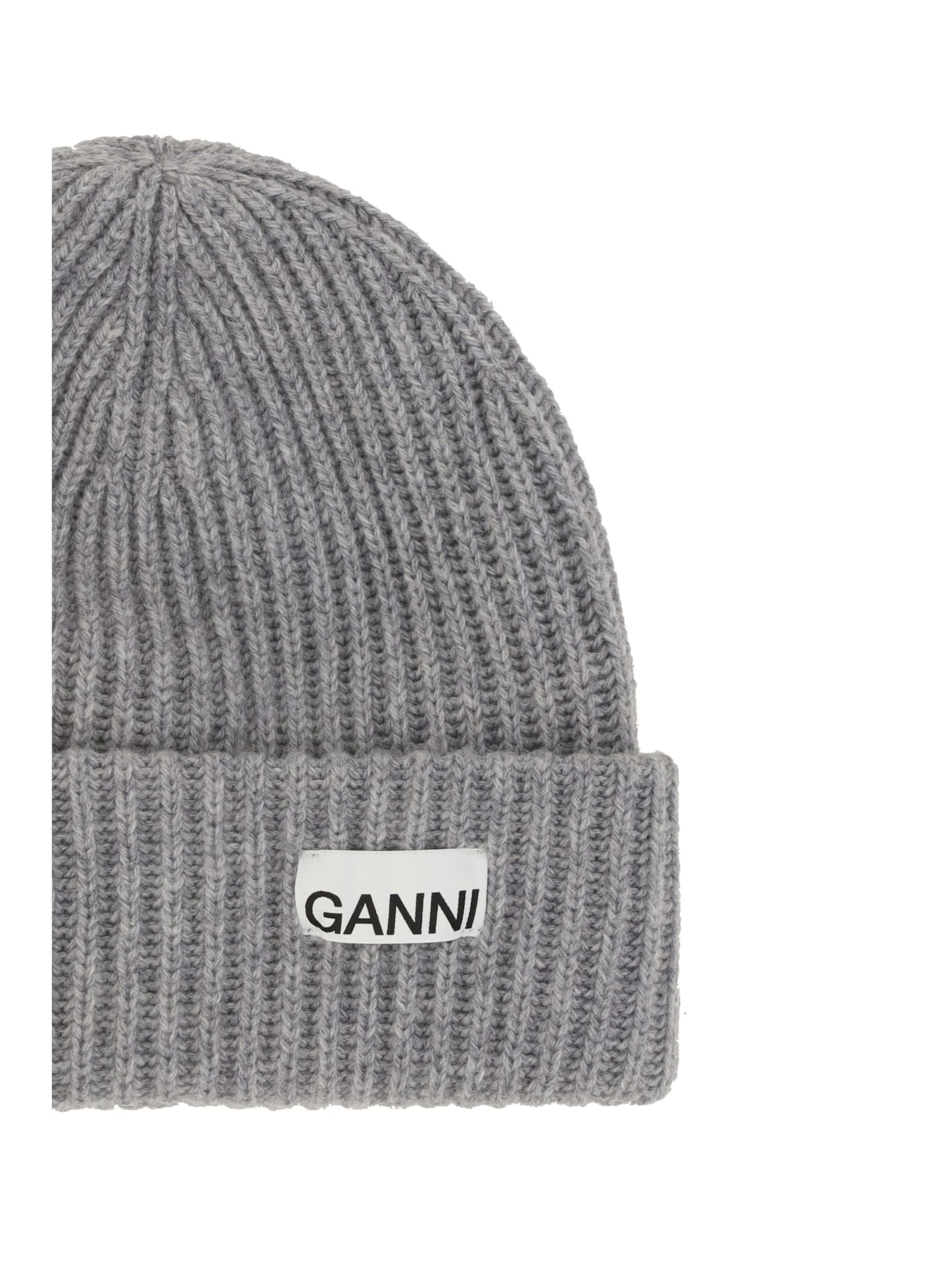 Ganni Womens Logo-patch Wool-blend Beanie Hat Paloma Melange In Gray