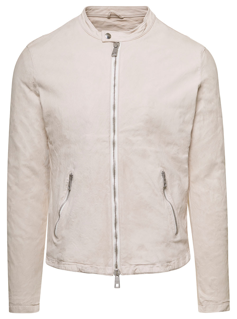 Beige Jacket With Two-way Zip In Leather Man