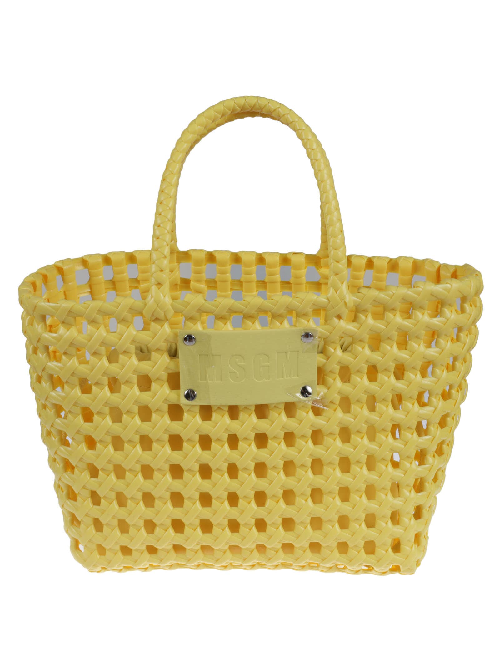 Msgm Logo Weaved Shopper Bag In Yellow