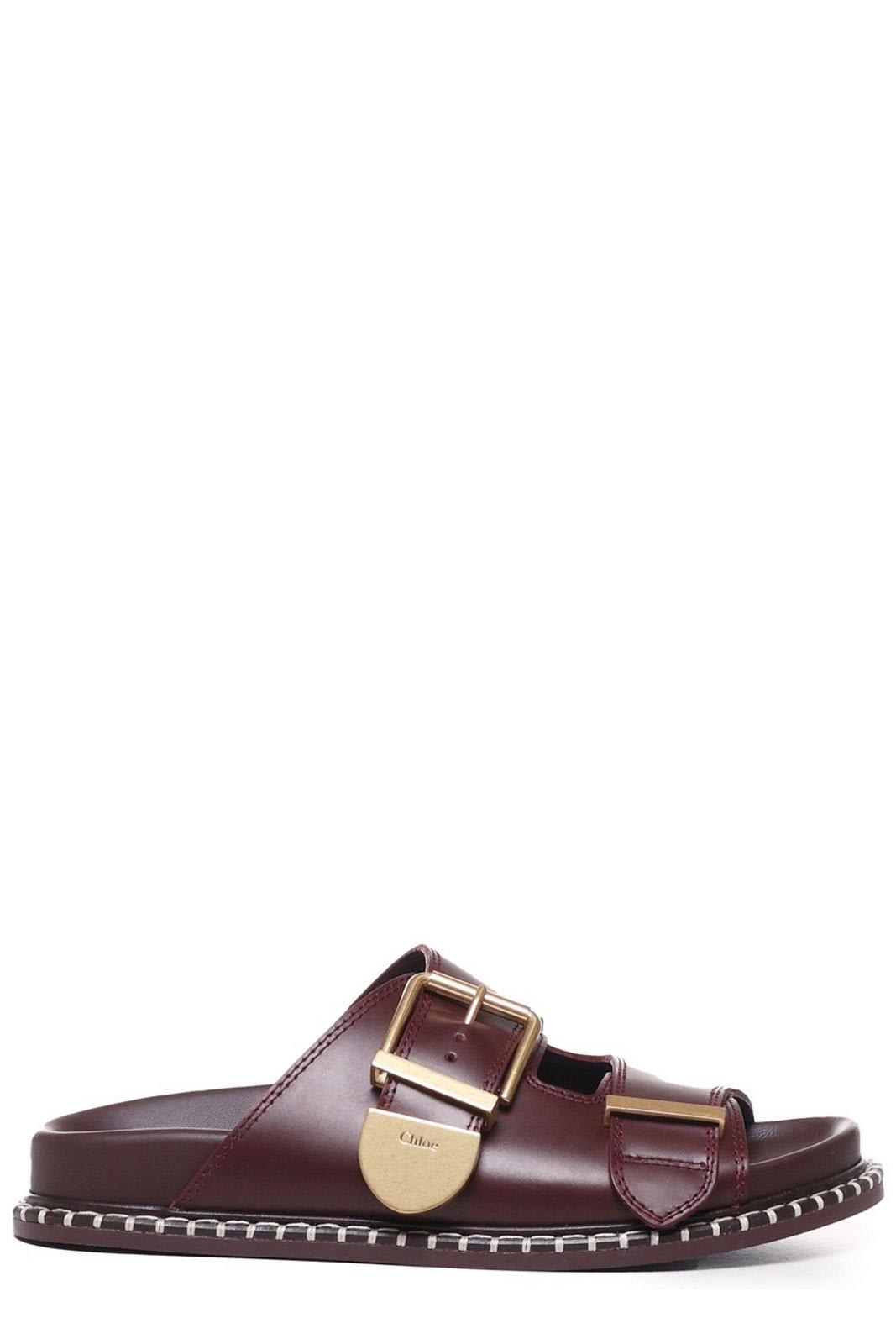 Shop Chloé Logo Engraved Buckled Sandals In Brown