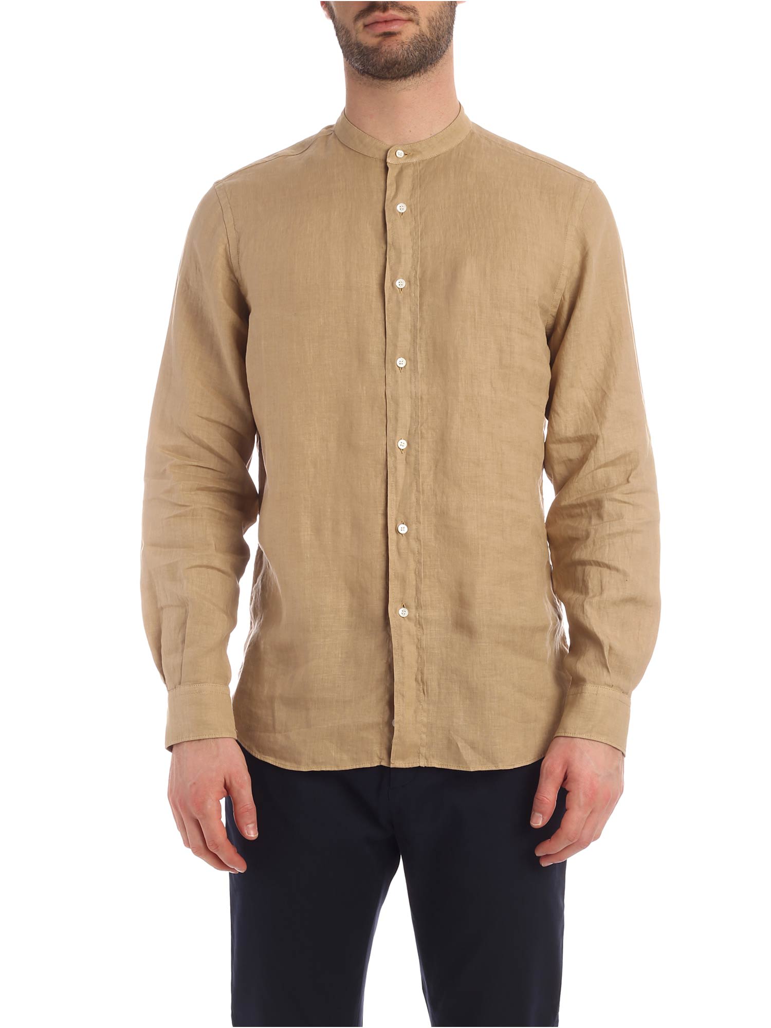 Aspesi Mandarin Collar Linen Shirt In Beige