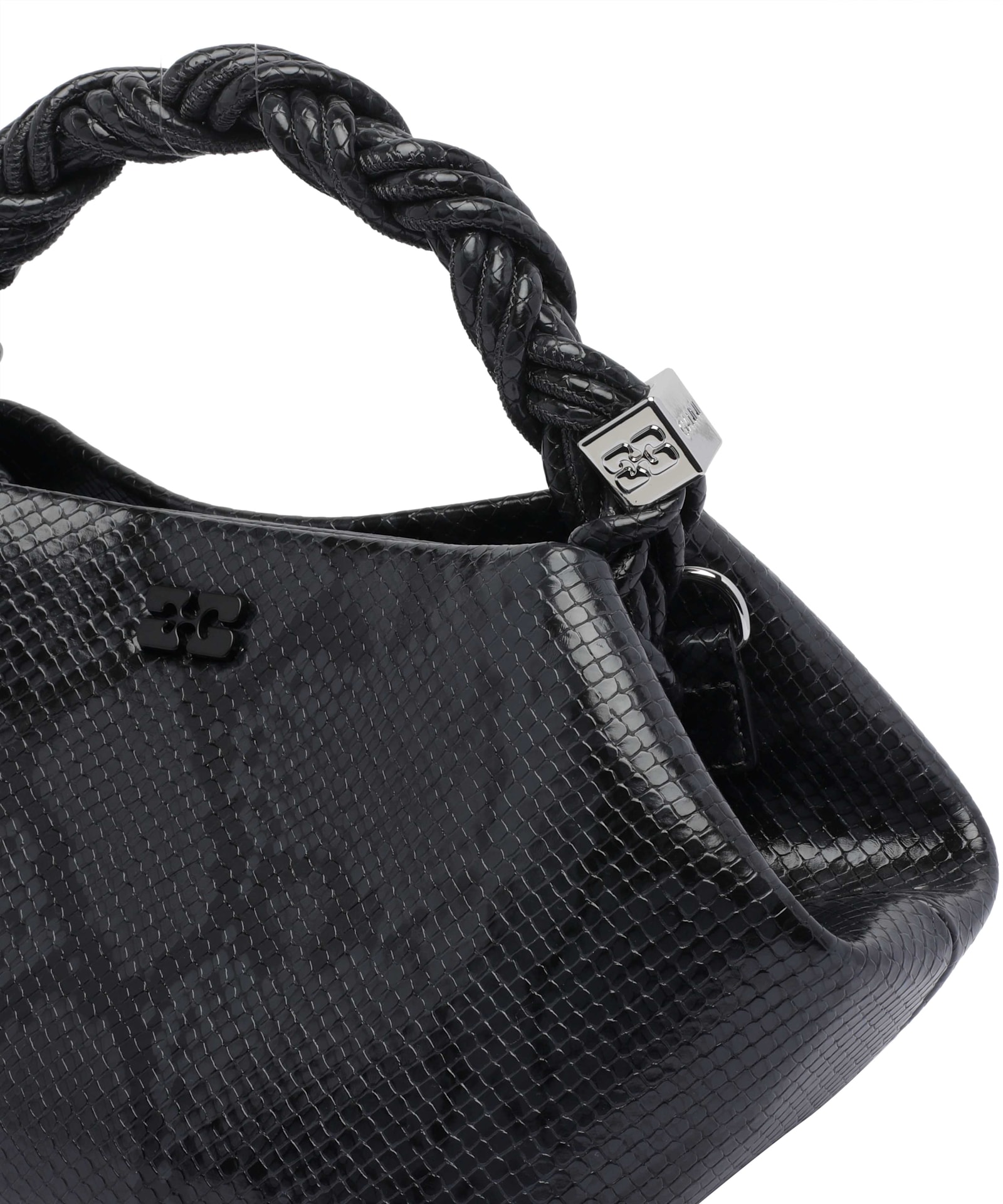 Ganni Bou Black Handbag With Butterfly Logo And Hand-braided Strands In Leather Woman In Black