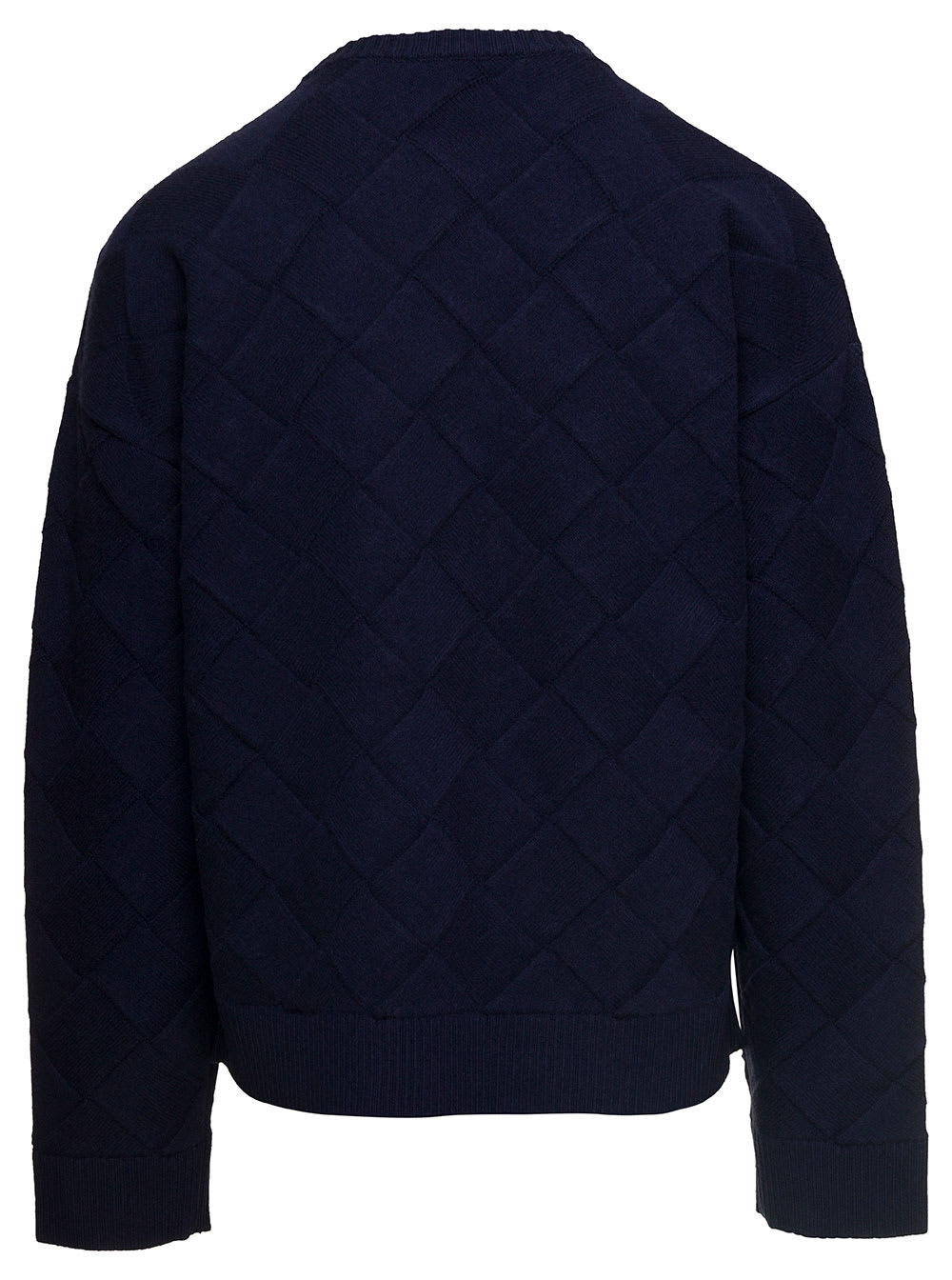 Shop Bottega Veneta Dark Blue Sweater With All-over Intreccio Motif In Wool Man