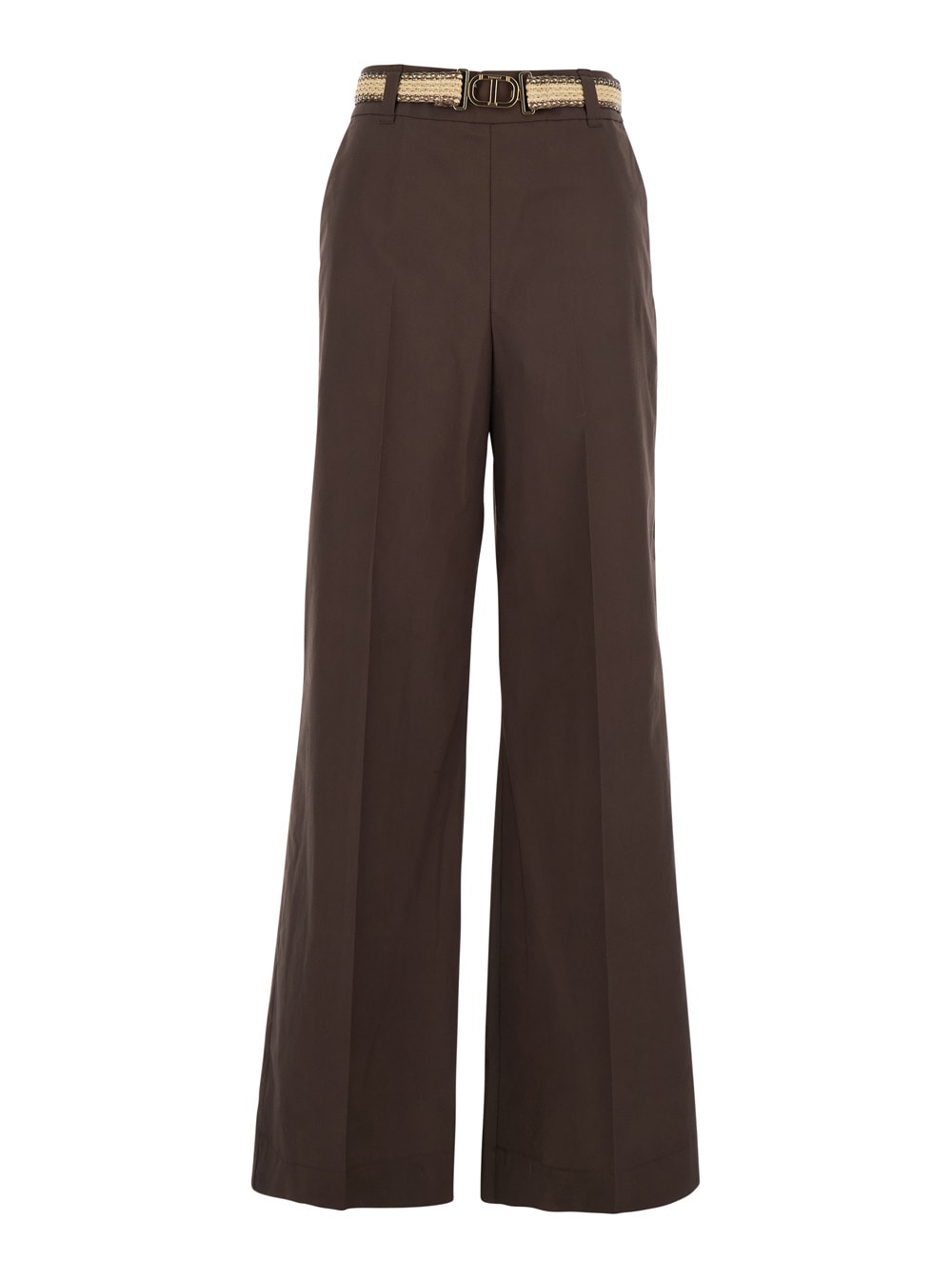 TWINSET BROWN PANTS WITH WAIST BELT AND METALLIC LOGO PLAQUE IN COTTON POPLIN WOMAN