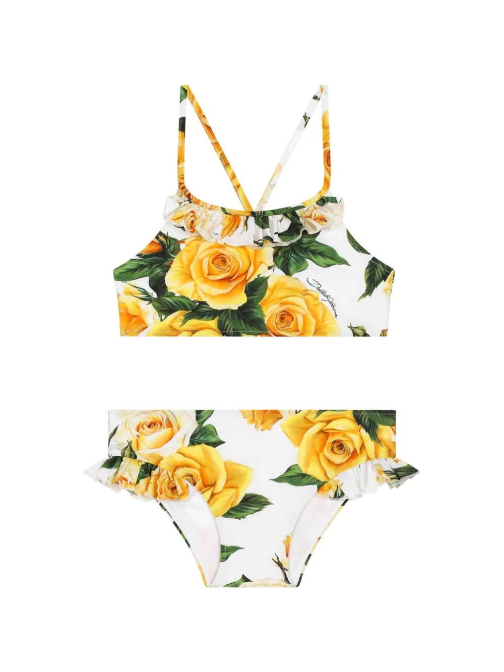 Shop Dolce & Gabbana Bikini In Lycra With Yellow Rose Print