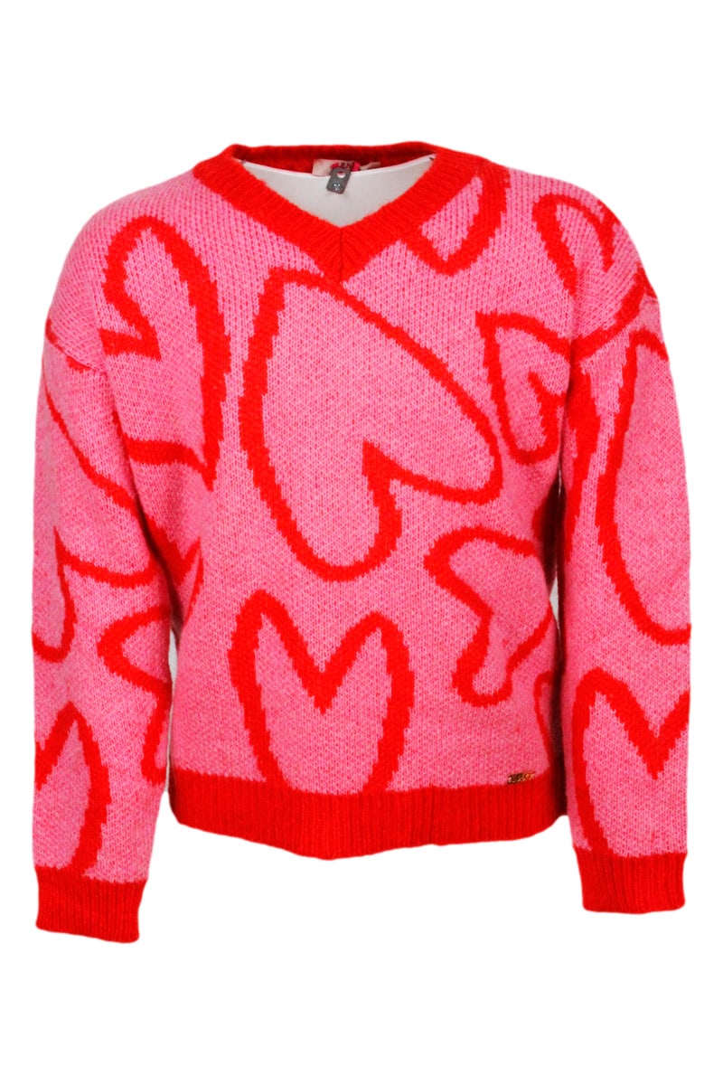 Liu-Jo Long Sleeve V-neck Sweater With Heart Print