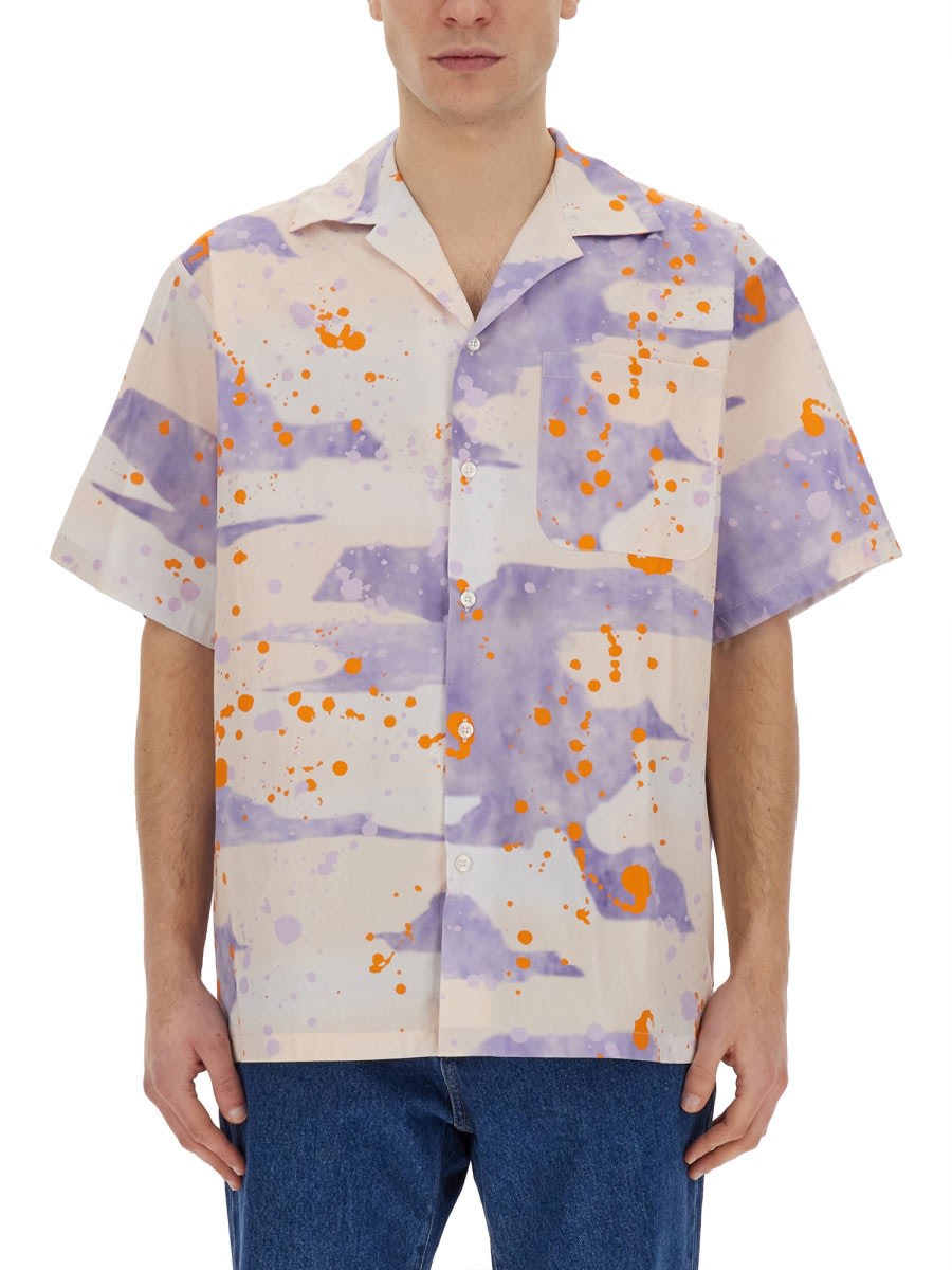 Shop Msgm Bowling Shirt With Dripping Camo Print In Lilac