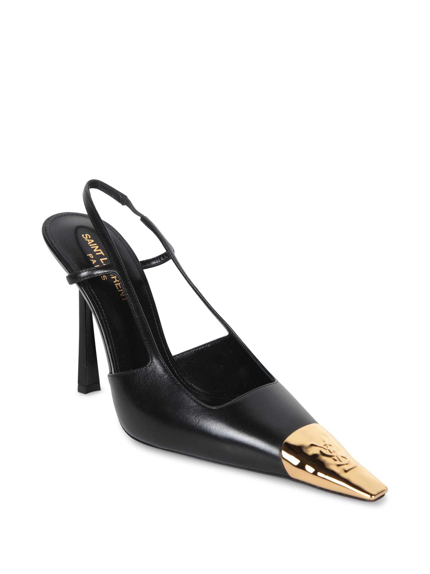 Saint Laurent Slingback Stone 110 Black-gold Pumps In Black