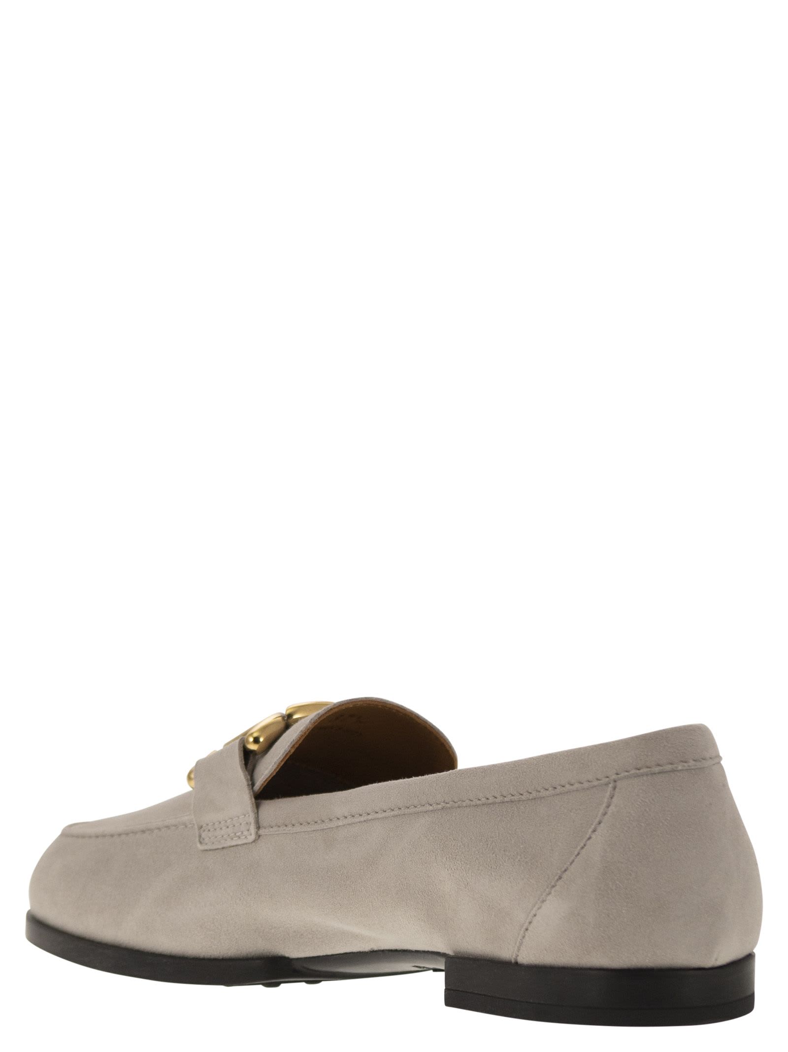 Tod's Suede Moccasins With Vintage Gold Chain Accessory In Grey