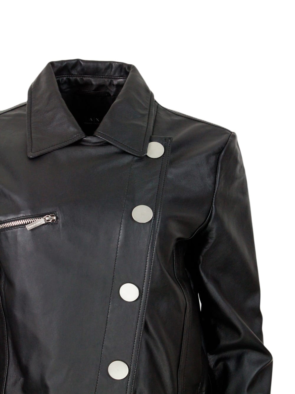 Shop Armani Collezioni Studded Jacket With Button And Zip Closure Made Of Eco-leather With Zip On Pocket And Cuffs In Black