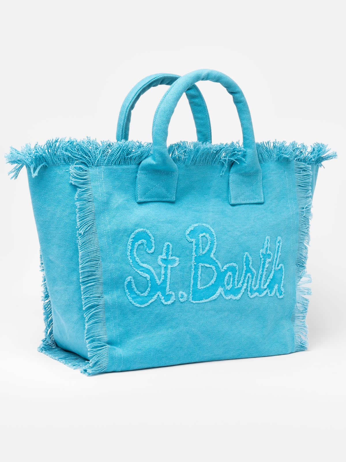 Mc2 Saint Barth Light Blue Cotton Canvas Vanity Tote Bag With Logo Patch In Sky