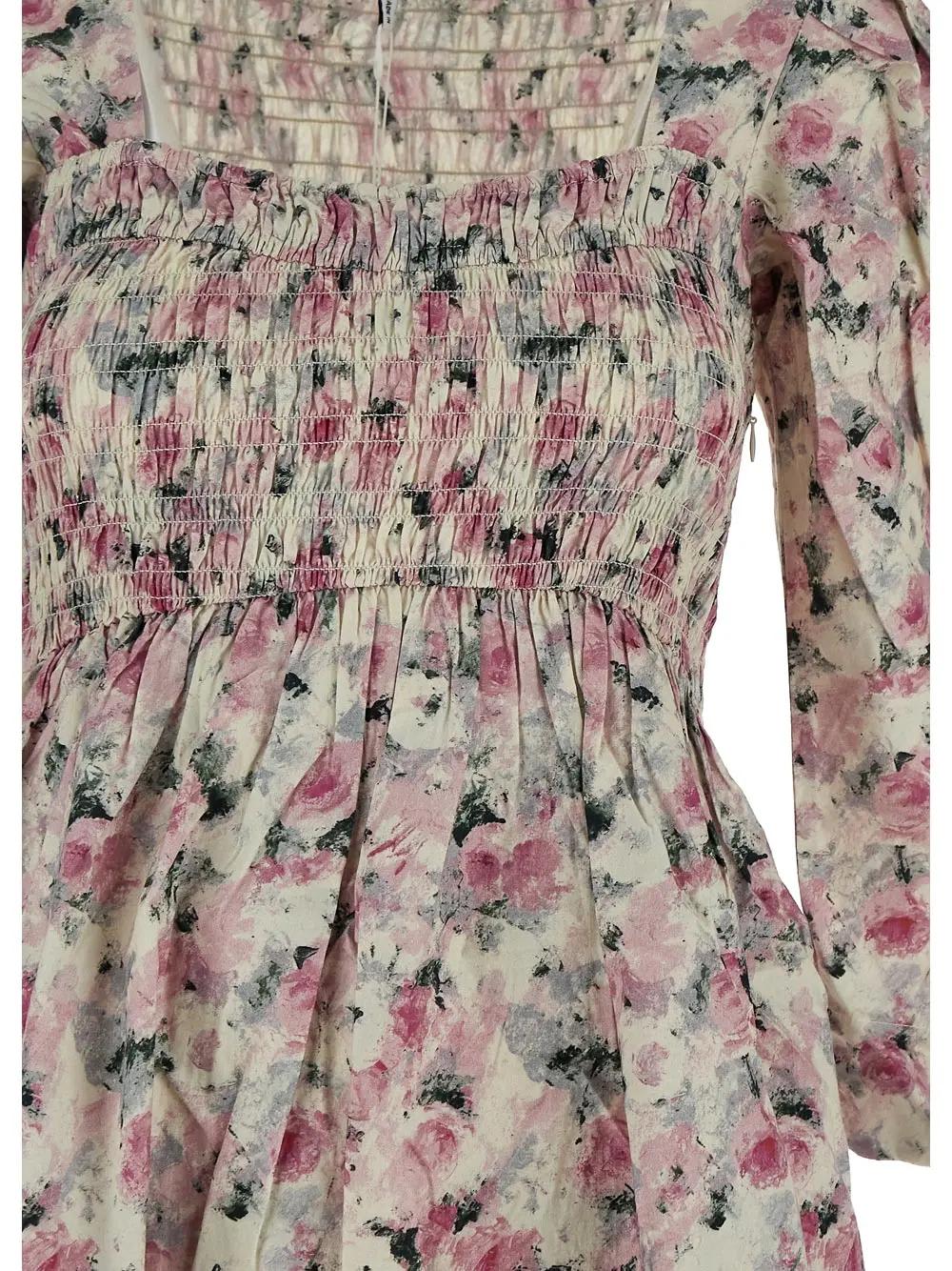 Shop Ganni Cotton Open-neck Smock Long Dress In Multicolour