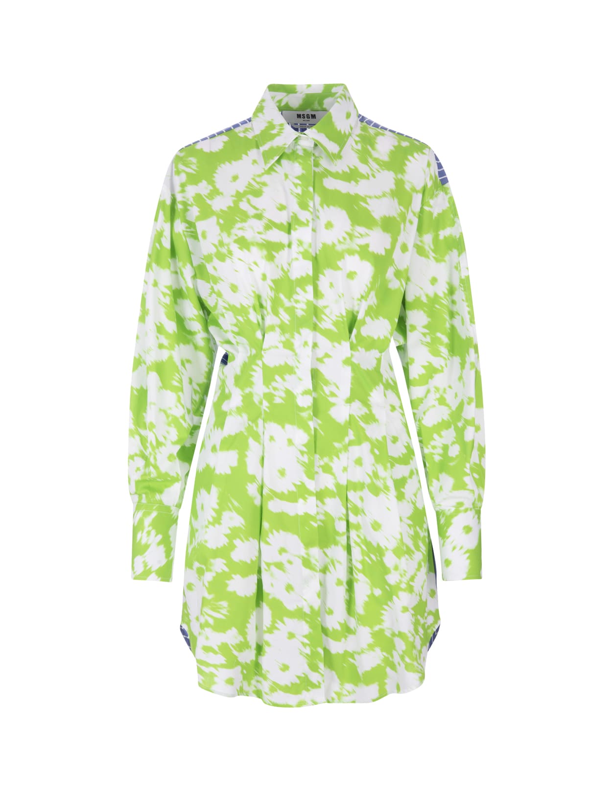 MSGM Short Green Floral Shirt Dress With Striped Back