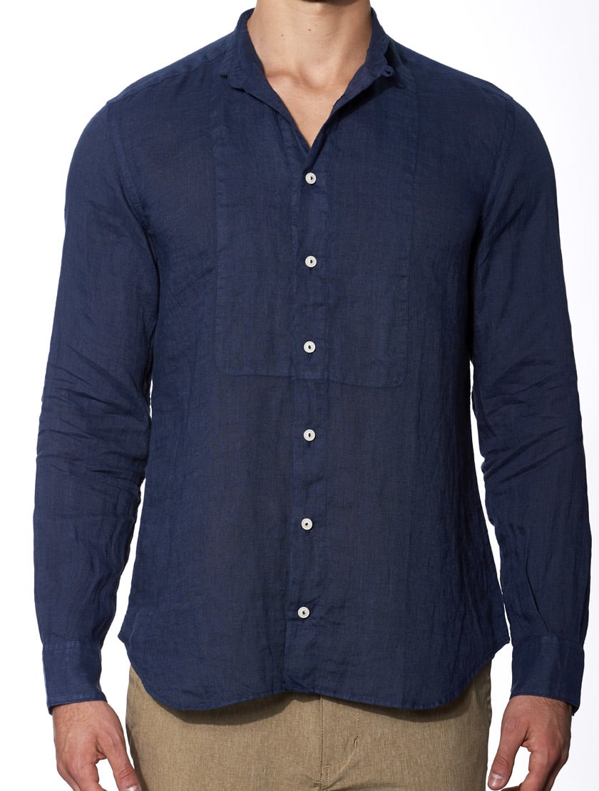 Mc2 Saint Barth Blue Denim Linen Man Shirt Korean Collar
