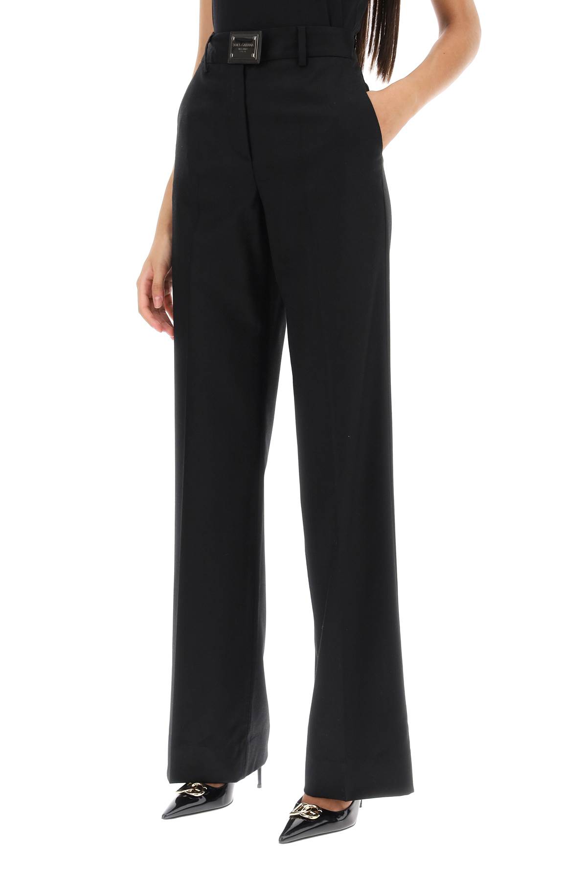 Shop Dolce & Gabbana Flannel Trousers With Logo Tag In Black