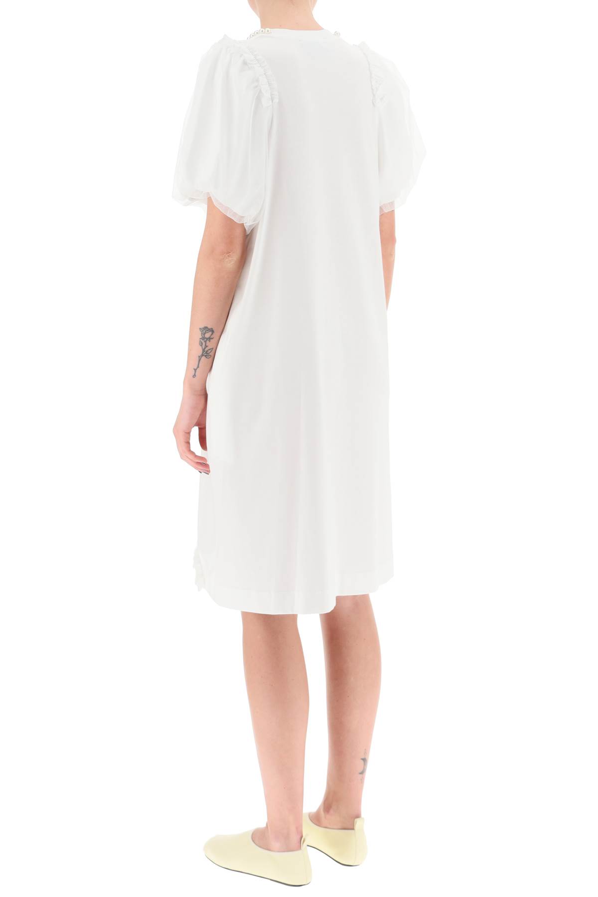 Shop Simone Rocha Cotton Dress With Tulle Sleeves And Pearls In White Pearl (white)