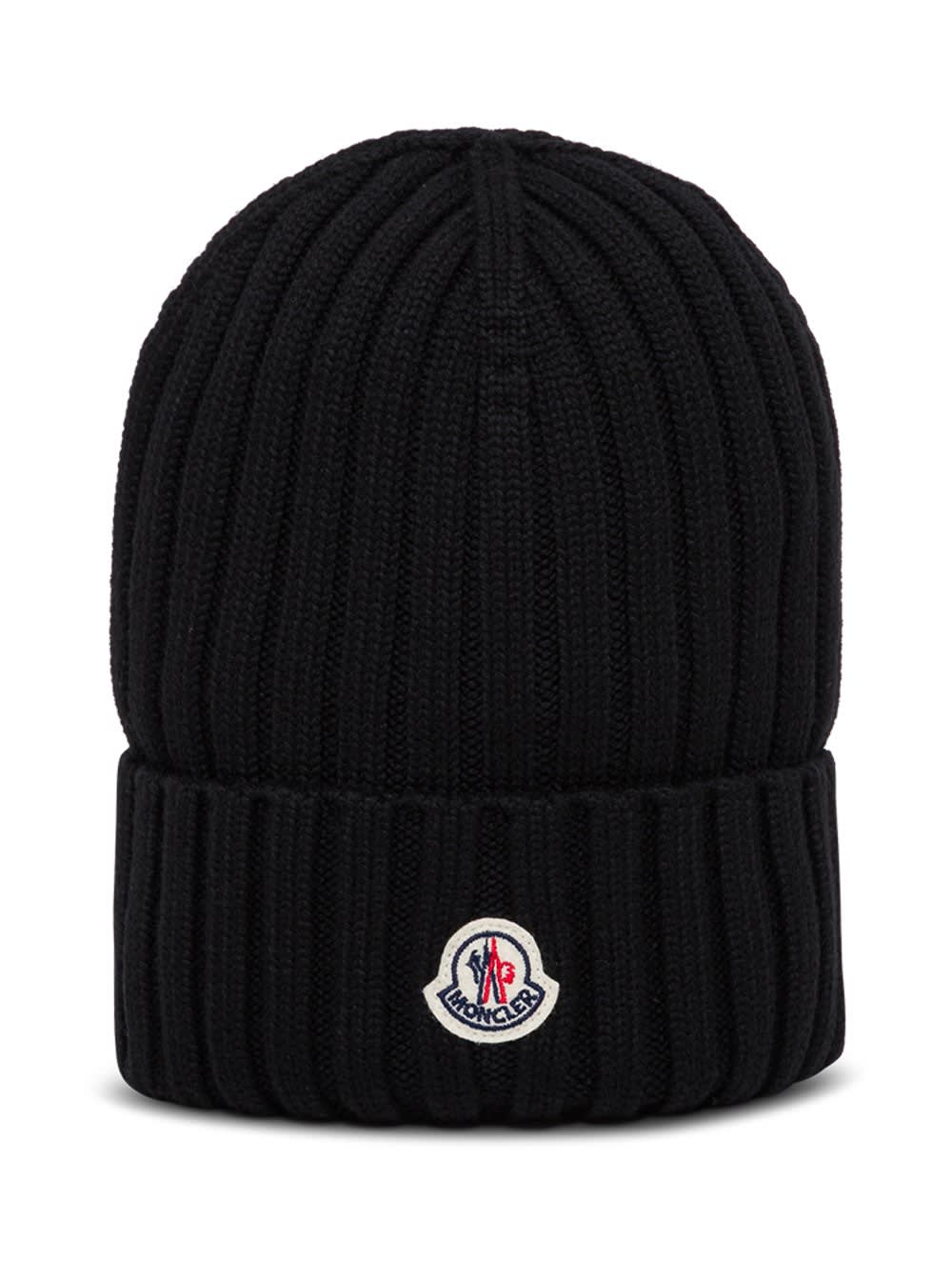 Moncler Black Wool Hat With Logo Patch