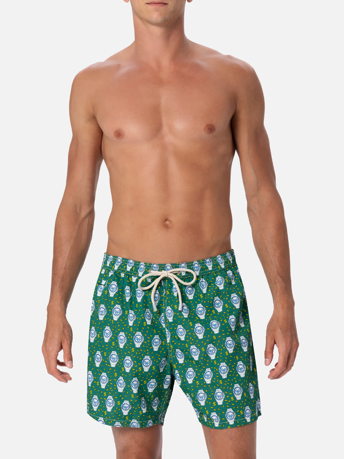 Shop Mc2 Saint Barth Man Lightweight Fabric Swim-shorts Lighting Micro Fantasy With Watches Print
