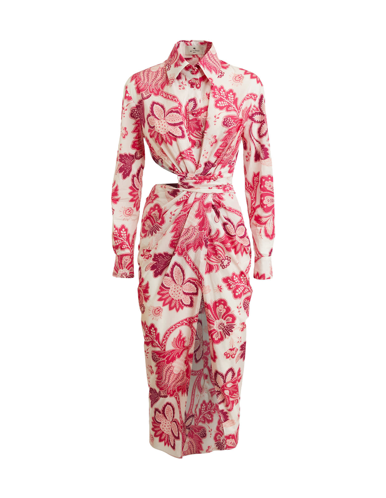 Etro White Midi Shirt Dress With Draping And Double Pink Tree Of Life Print