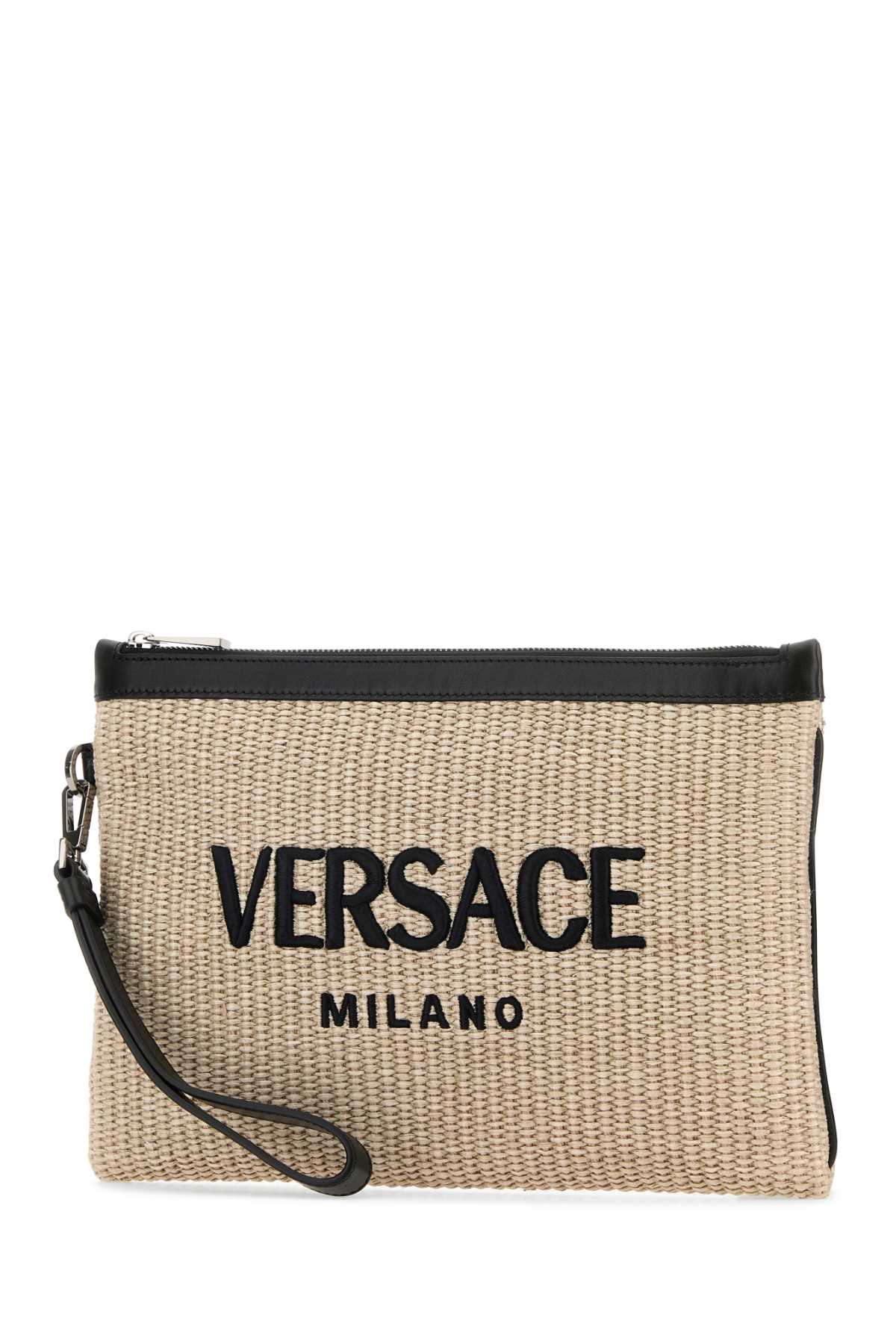 Shop Versace Cappuccino Raffia Clutch In Naturalblackruthenium