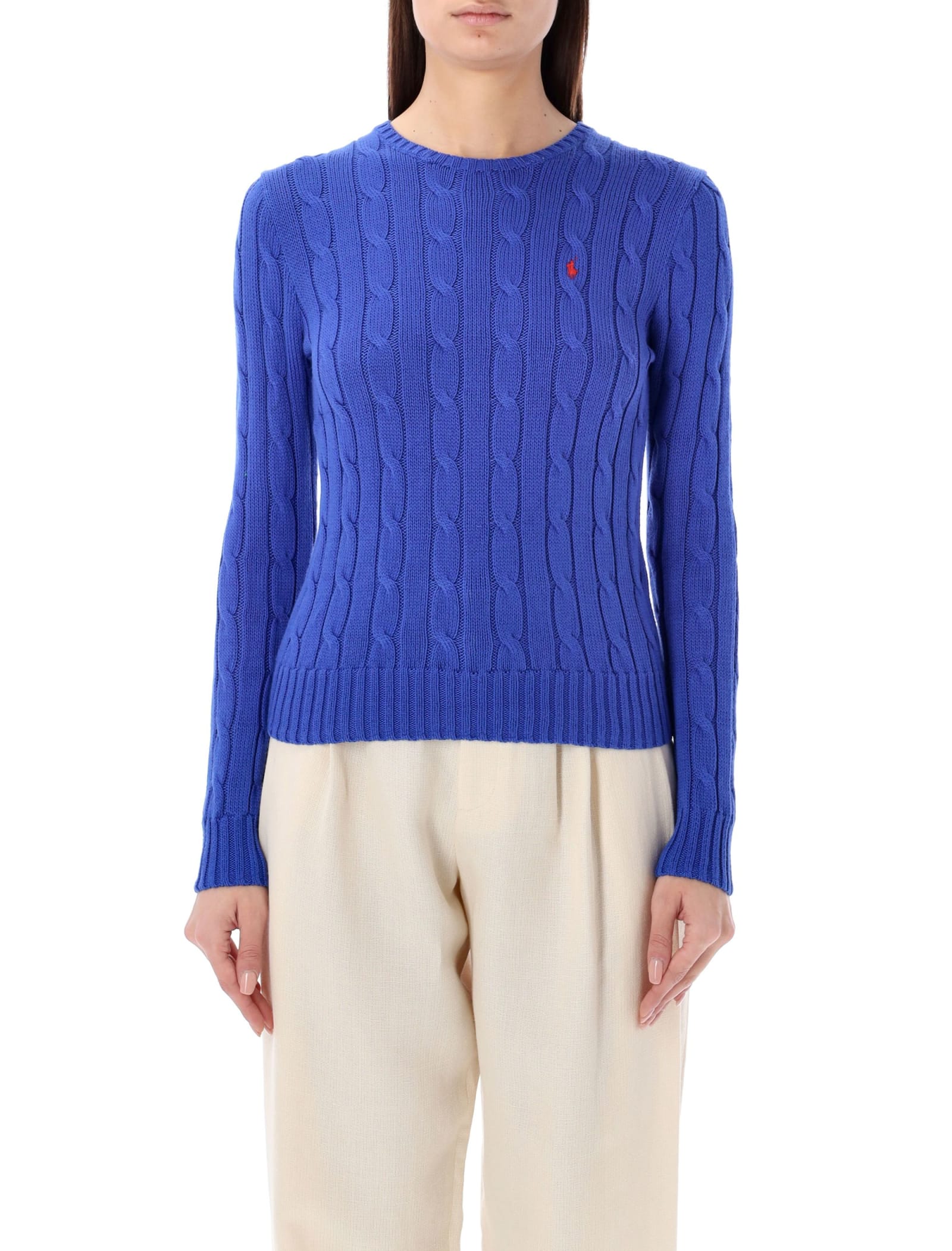 Shop Polo Ralph Lauren Cable-knit Cotton Crewneck Sweater In Rugby Royal