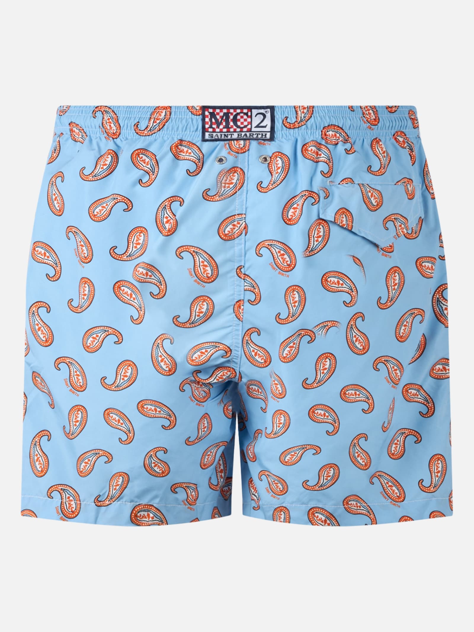 Mc2 Saint Barth Man Lightweight Fabric Swim-shorts Lighting With Paisley Print In Sky