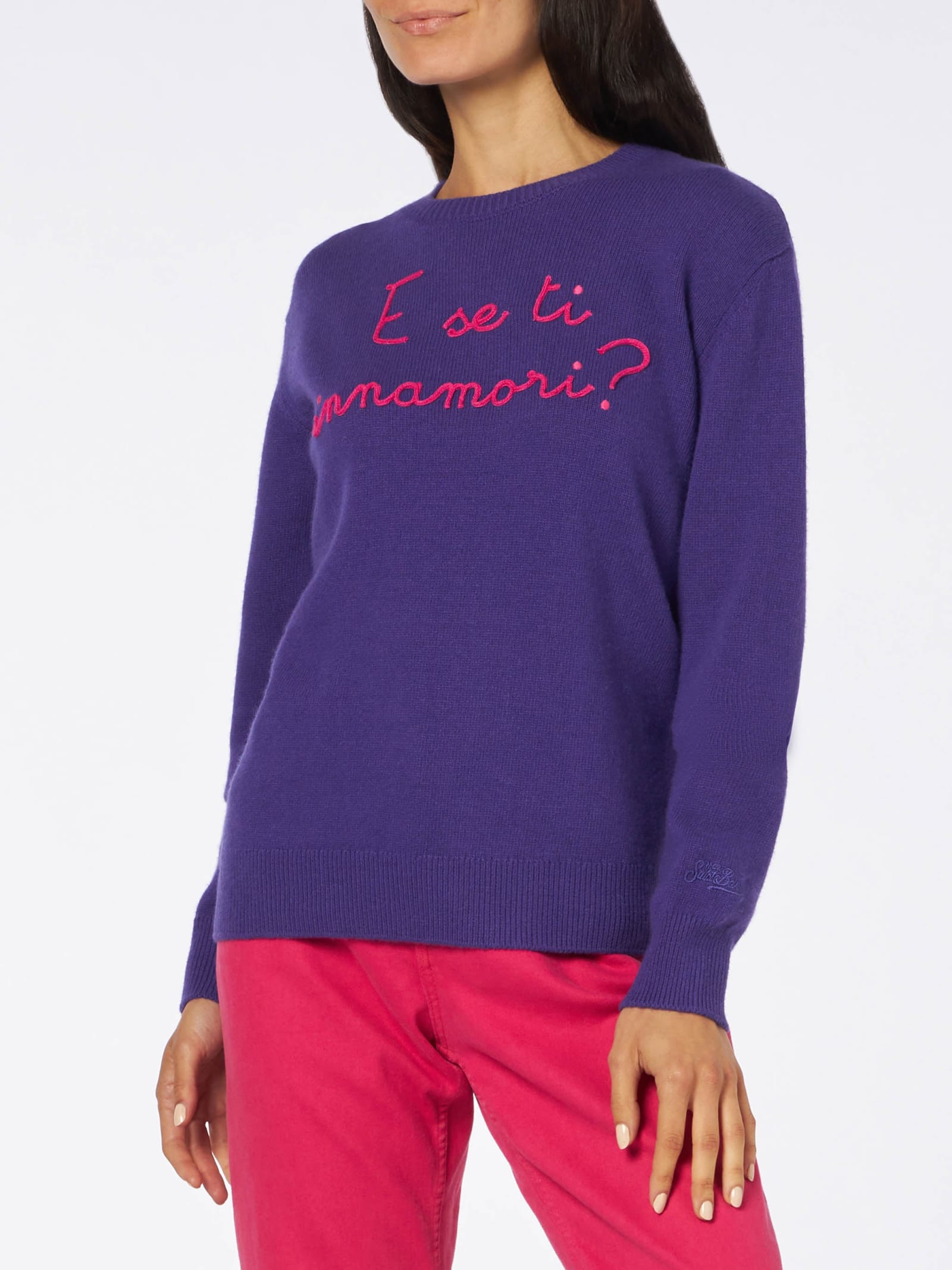 Shop Mc2 Saint Barth Woman Crewneck Purple Sweater With E Se Ti Innamori? Embroidery Niki Dj Special Edition In Pink