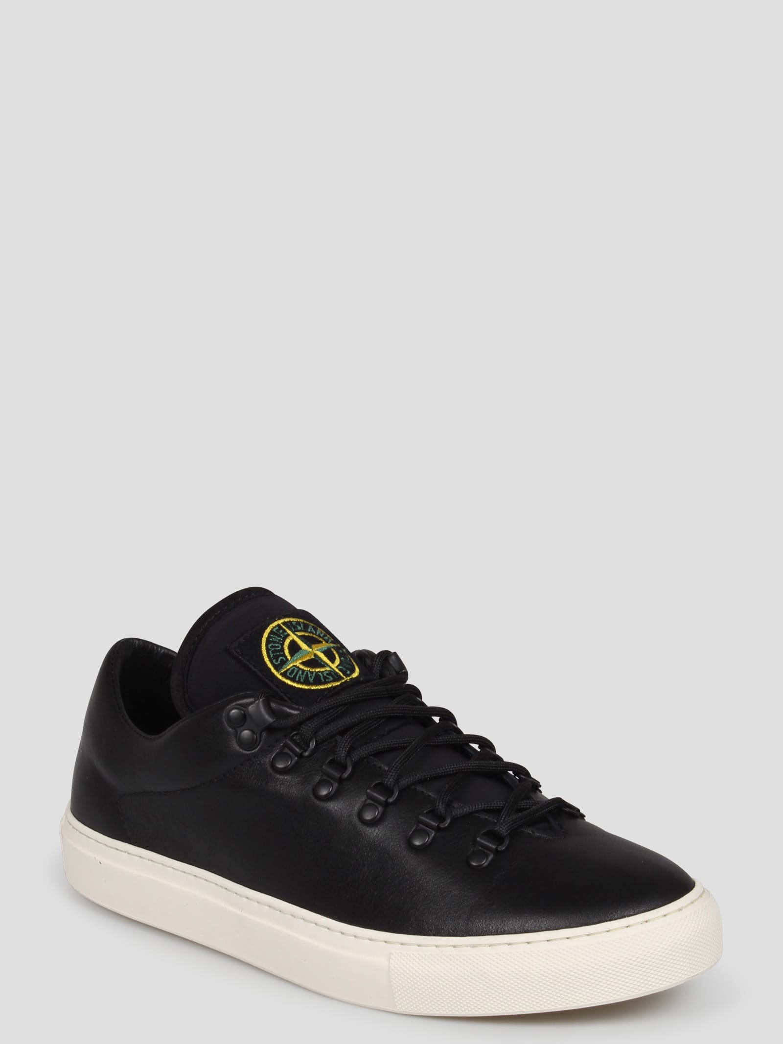 Shop Stone Island Leather Sneakers In Black