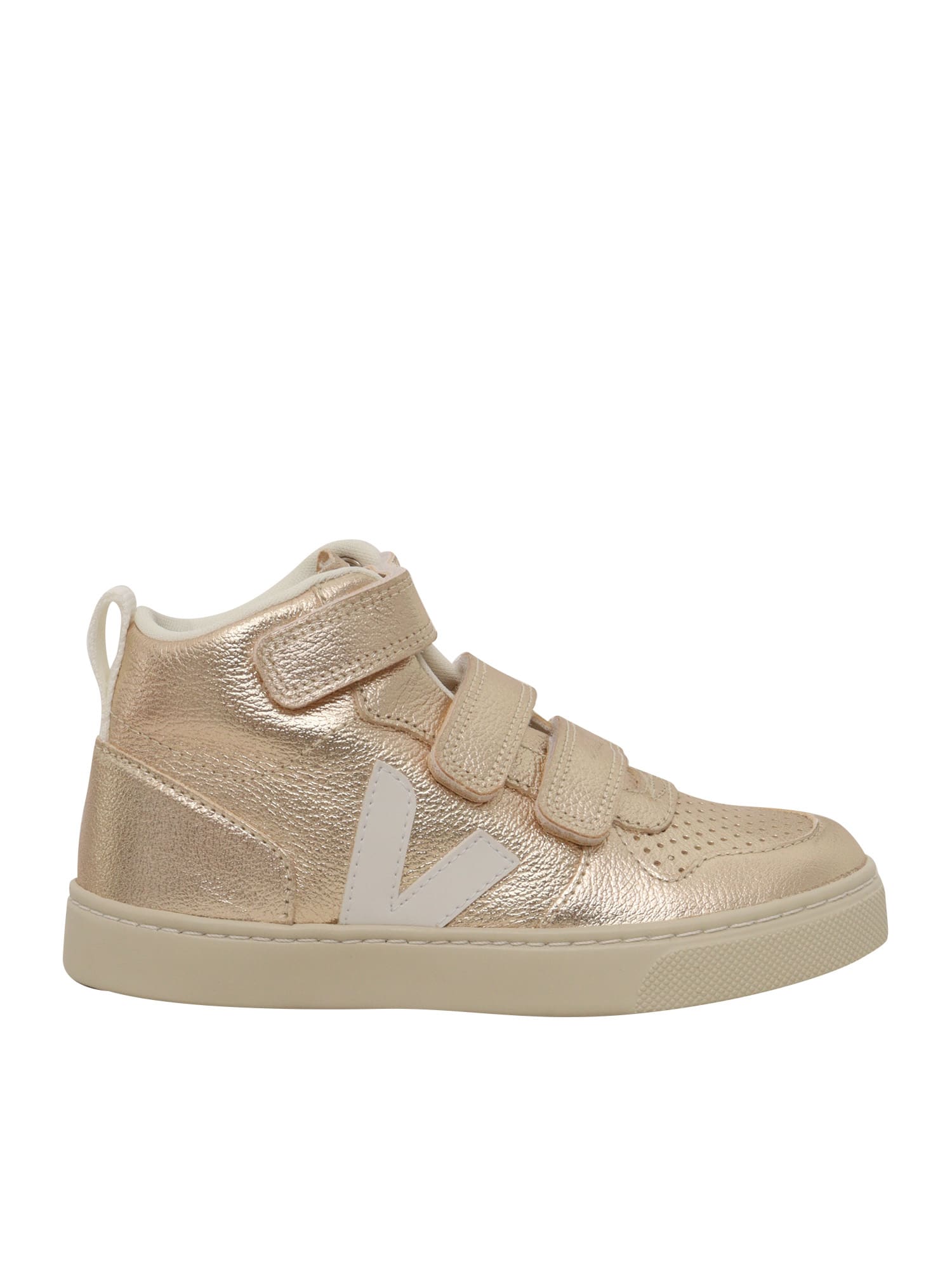 Veja V-10 Mid Metallic Leather Sneakers In White