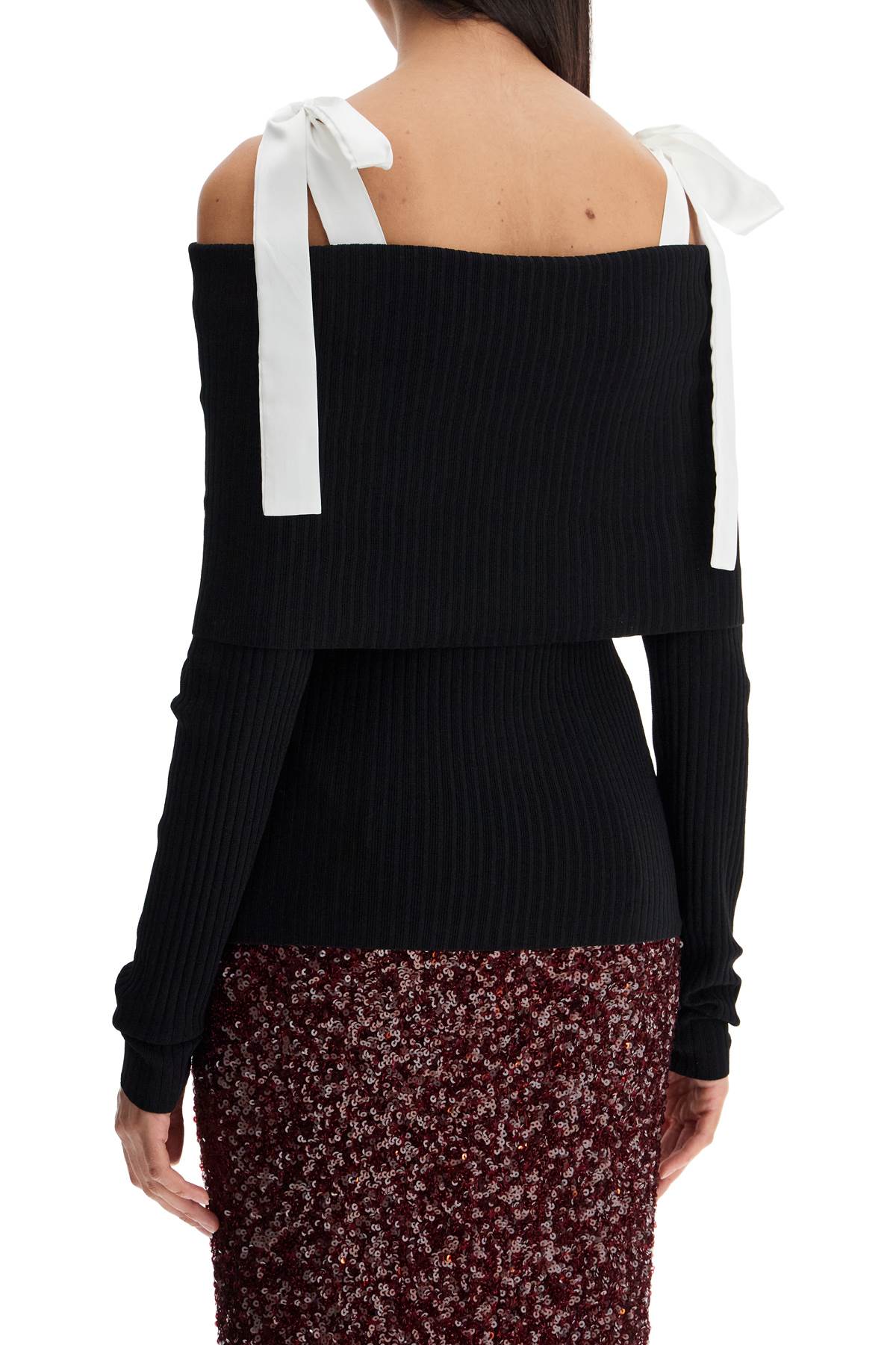 Rotate Birger Christensen Off-shoulder Top With Tied Bow Straps In Black (black)