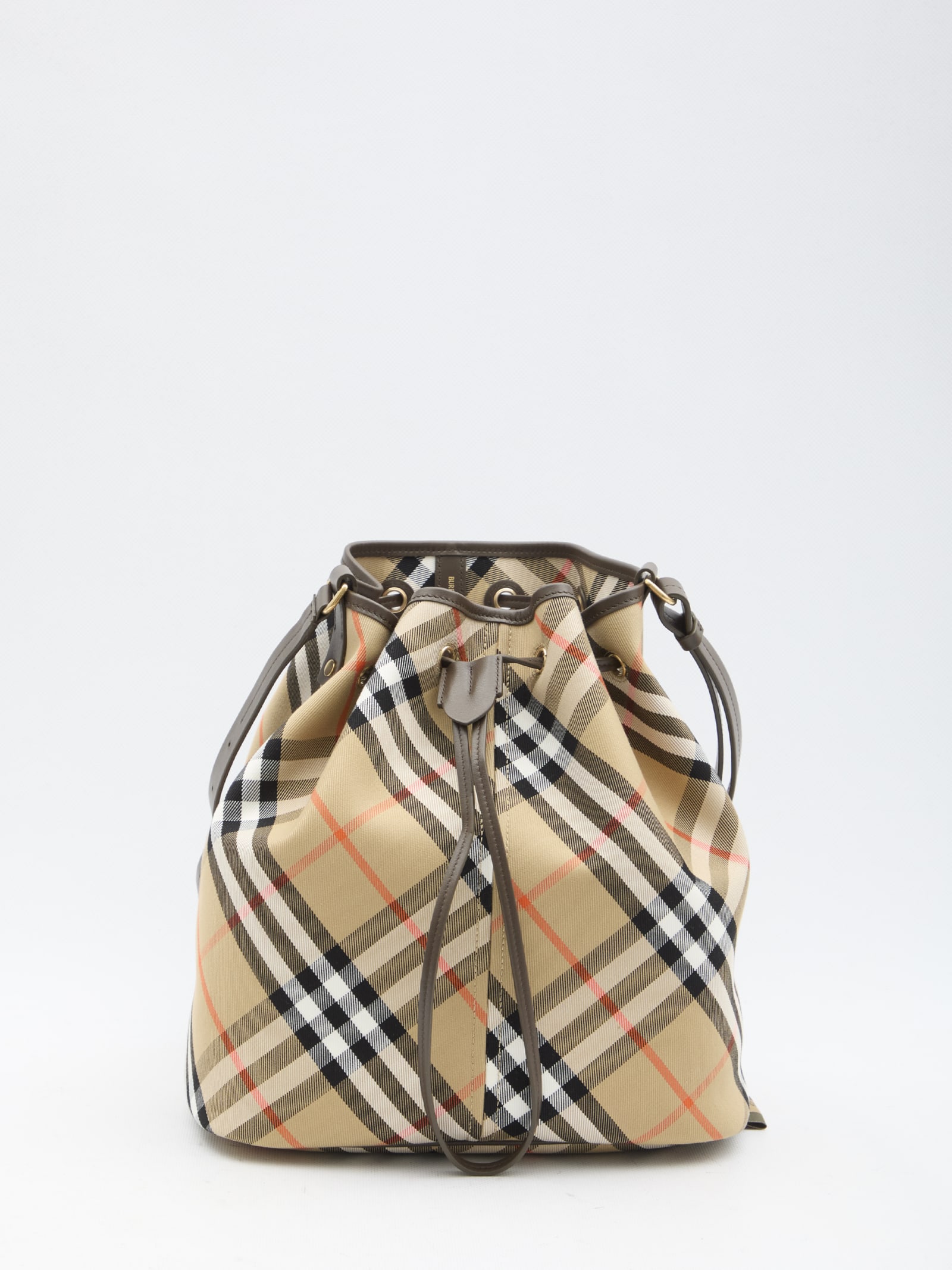 Shop Burberry Check Bucket Bag In Sand