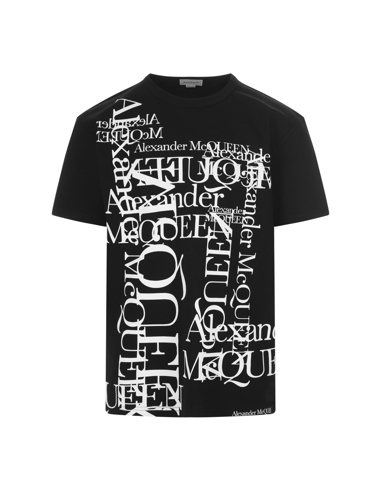 ALEXANDER MCQUEEN BLACK T-SHIRT WITH WHITE LETTERING LOGO ON CHEST