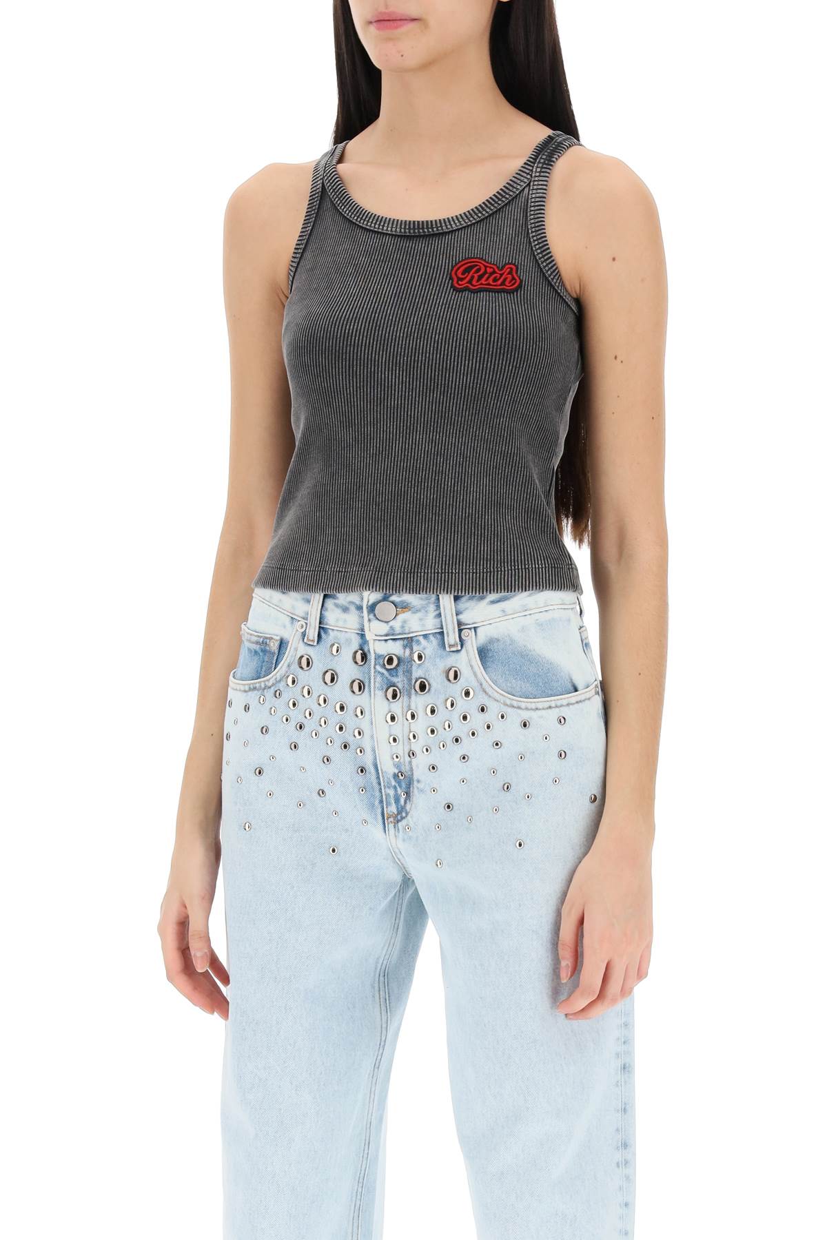 Alessandra Rich Ribbed Jersey Sleeveless Top W/ Patch In Grey