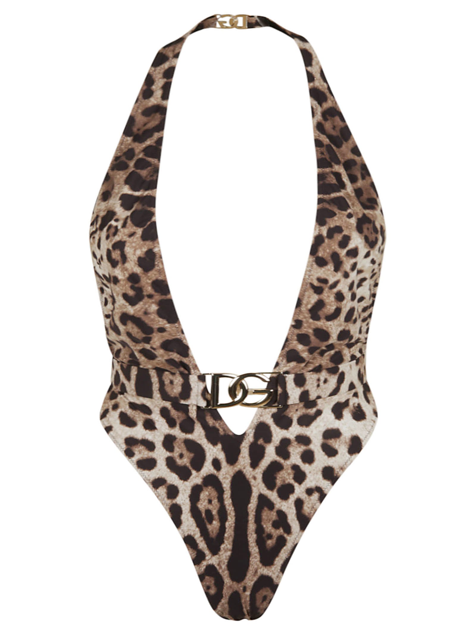 Dolce & Gabbana Plunge-neck Leopard-print High-leg Swimsuit In Multicolor
