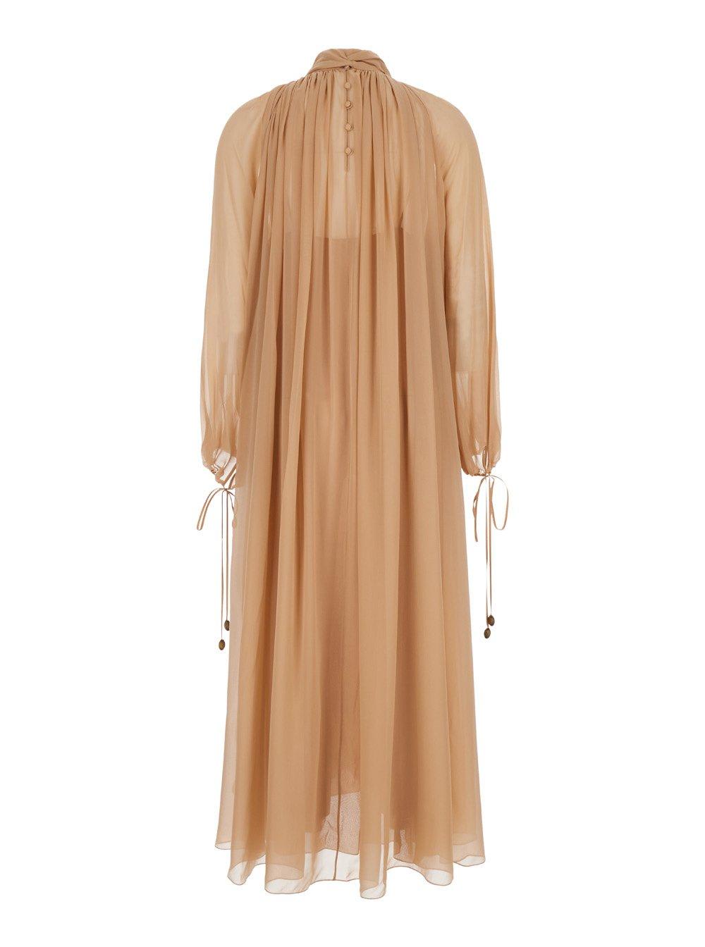 Shop Chloé Mock-neck Gathered Maxi Dress In Beige