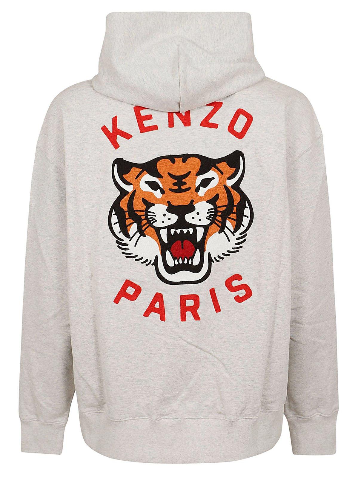 Shop Kenzo Lucky Tiger Long Sleeved Hoodie In Grey